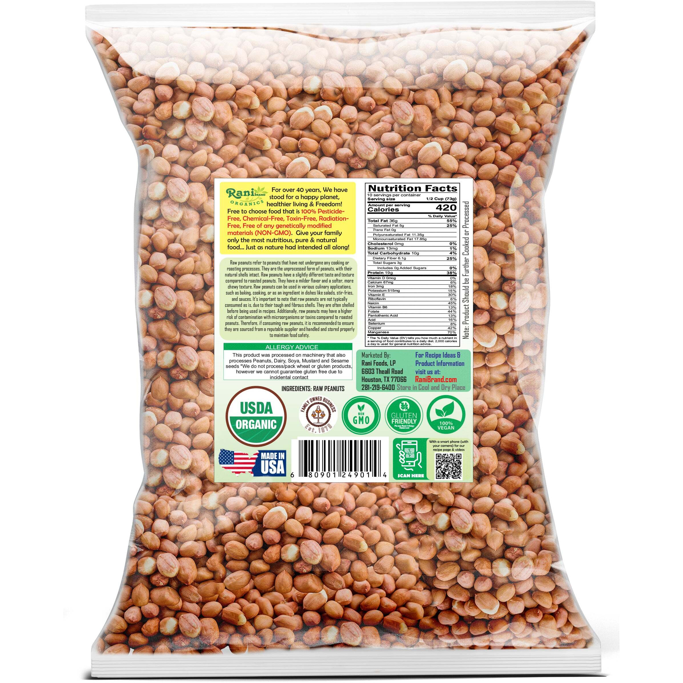 Rani Organic Peanuts, Raw Whole With Skin (uncooked, unsalted) 28oz (800g) ~ All Natural, Vegan, Gluten Friendly, Fresh Product of USA, USDA Certified Organic ~ Spanish Grade Groundnut/Red-skin