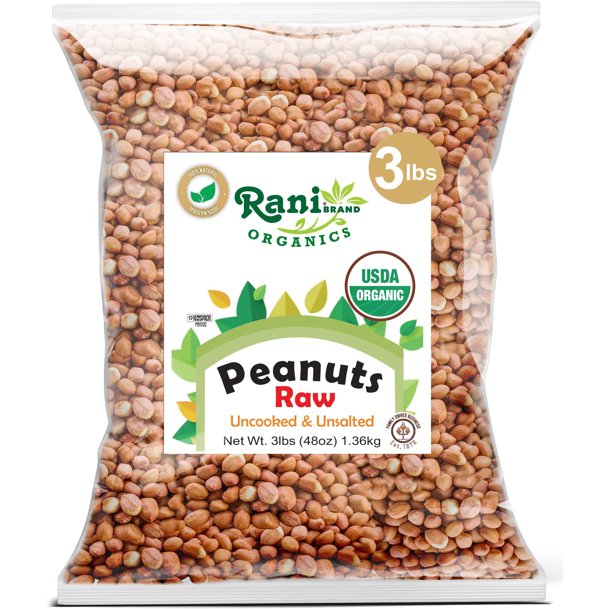 Rani Organic Peanuts, Raw Whole With Skin (uncooked, unsalted) 48oz (3lbs) 1.36kg Bulk ~ All Natural, Vegan, Gluten Friendly, Fresh Product of USA ~ Spanish Grade Groundnut/Red-skin