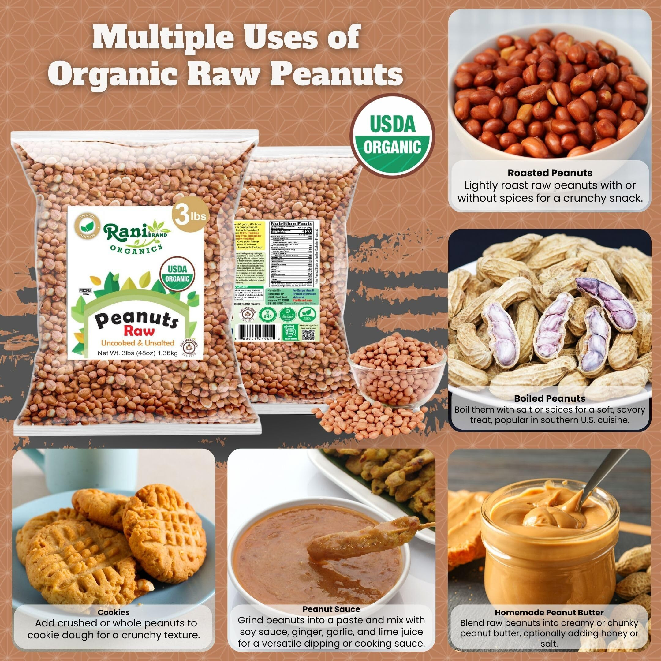 Rani Organic Peanuts, Raw Whole With Skin (uncooked, unsalted) 48oz (3lbs) 1.36kg Bulk ~ All Natural, Vegan, Gluten Friendly, Fresh Product of USA ~ Spanish Grade Groundnut/Red-skin