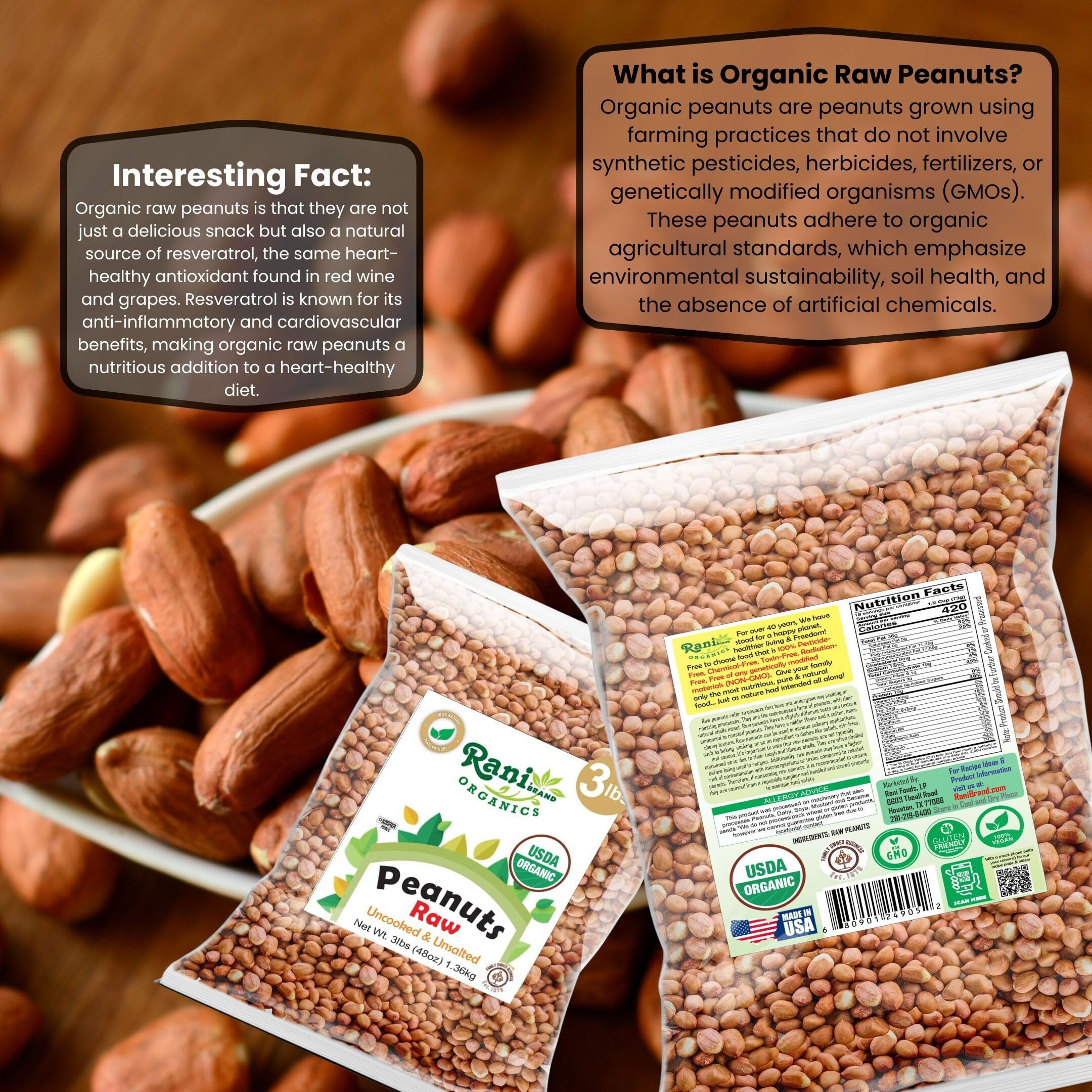 Rani Organic Peanuts, Raw Whole With Skin (uncooked, unsalted) 48oz (3lbs) 1.36kg Bulk ~ All Natural, Vegan, Gluten Friendly, Fresh Product of USA ~ Spanish Grade Groundnut/Red-skin