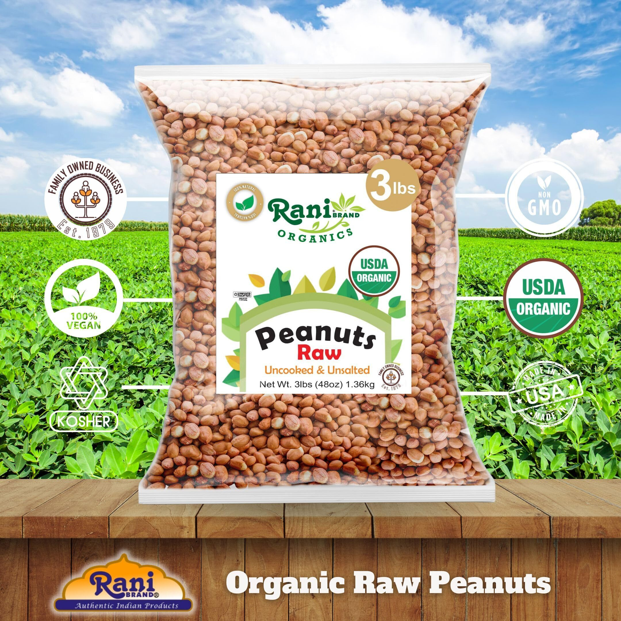 Rani Organic Peanuts, Raw Whole With Skin (uncooked, unsalted) 48oz (3lbs) 1.36kg Bulk ~ All Natural, Vegan, Gluten Friendly, Fresh Product of USA ~ Spanish Grade Groundnut/Red-skin