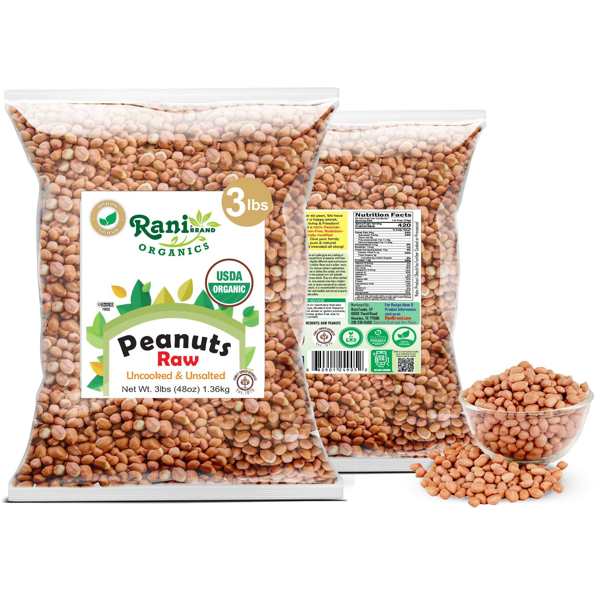 Rani Organic Peanuts, Raw Whole With Skin (uncooked, unsalted) 48oz (3lbs) 1.36kg Bulk ~ All Natural, Vegan, Gluten Friendly, Fresh Product of USA ~ Spanish Grade Groundnut/Red-skin