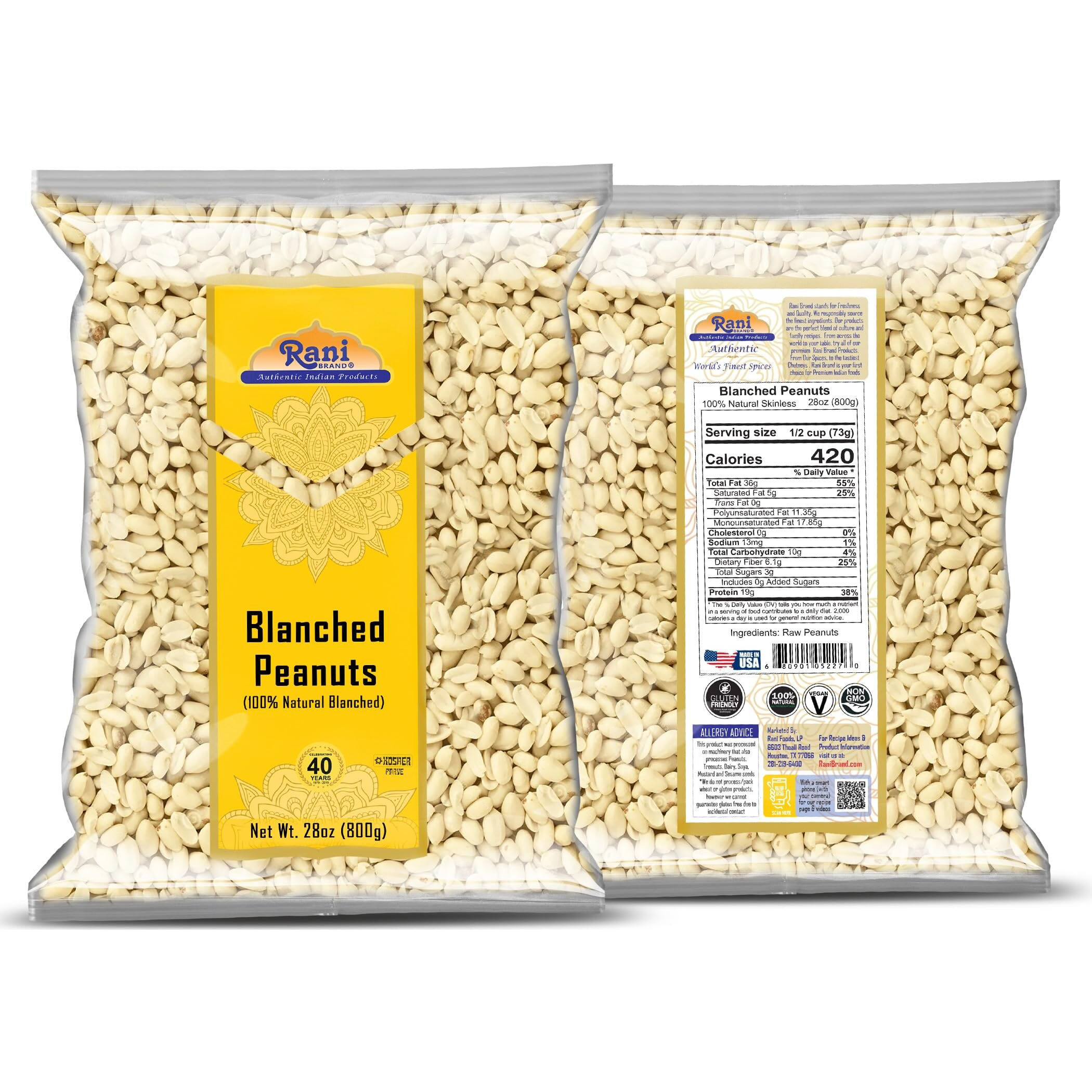 Rani Peanuts Skinless (Blanched, Uncooked) 28oz (1.75lbs) 800g ~ All Natural, Vegan, Gluten Friendly, Kosher, Fresh Product of USA ~ Spanish Grade Groundnuts