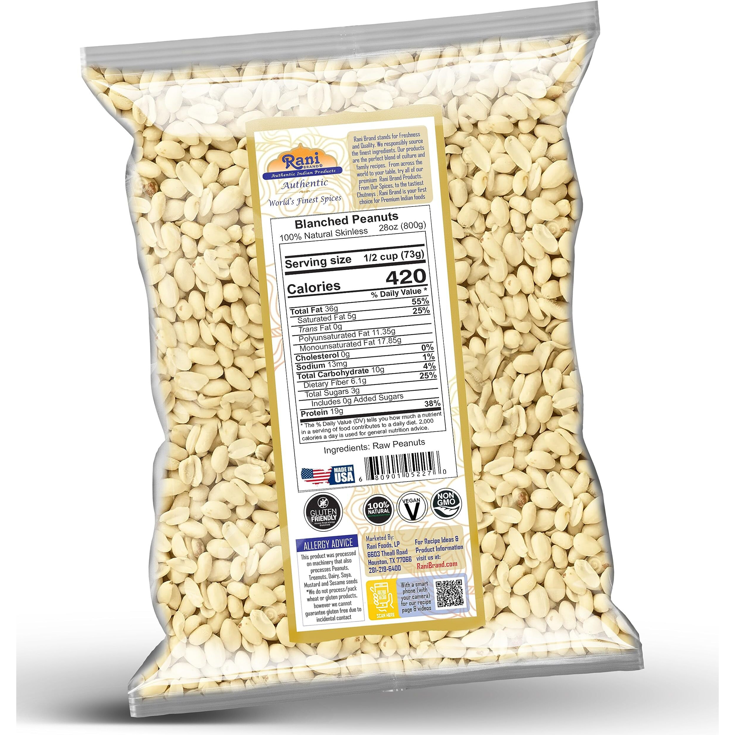 Rani Peanuts Skinless (Blanched, Uncooked) 28oz (1.75lbs) 800g ~ All Natural, Vegan, Gluten Friendly, Kosher, Fresh Product of USA ~ Spanish Grade Groundnuts