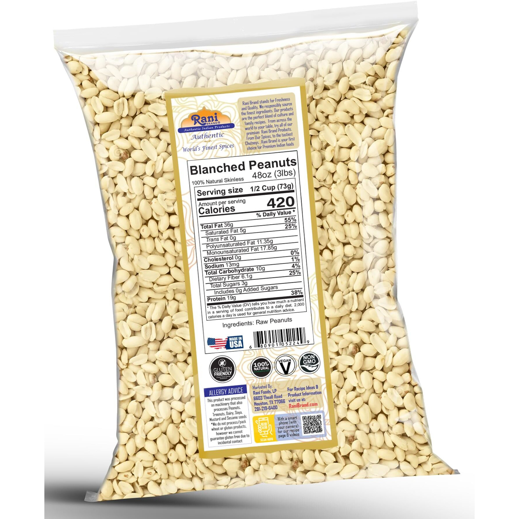 Rani Peanuts Skinless (Blanched, Uncooked) 48oz (3lbs) 1.36kg Bulk ~ All Natural, Vegan, Gluten Friendly, Kosher, Fresh Product of USA ~ Spanish Grade Groundnuts