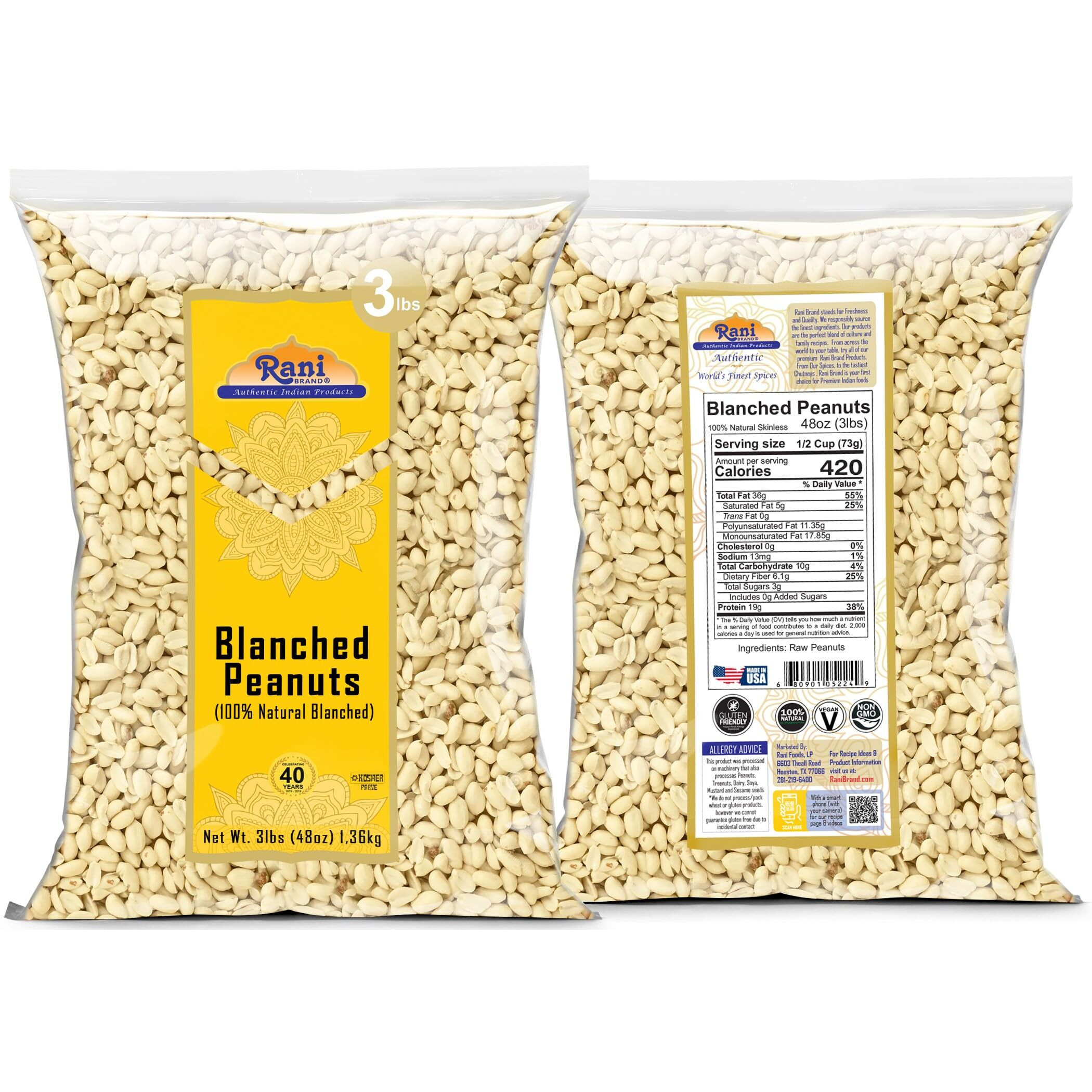 Rani Peanuts Skinless (Blanched, Uncooked) 48oz (3lbs) 1.36kg Bulk ~ All Natural, Vegan, Gluten Friendly, Kosher, Fresh Product of USA ~ Spanish Grade Groundnuts