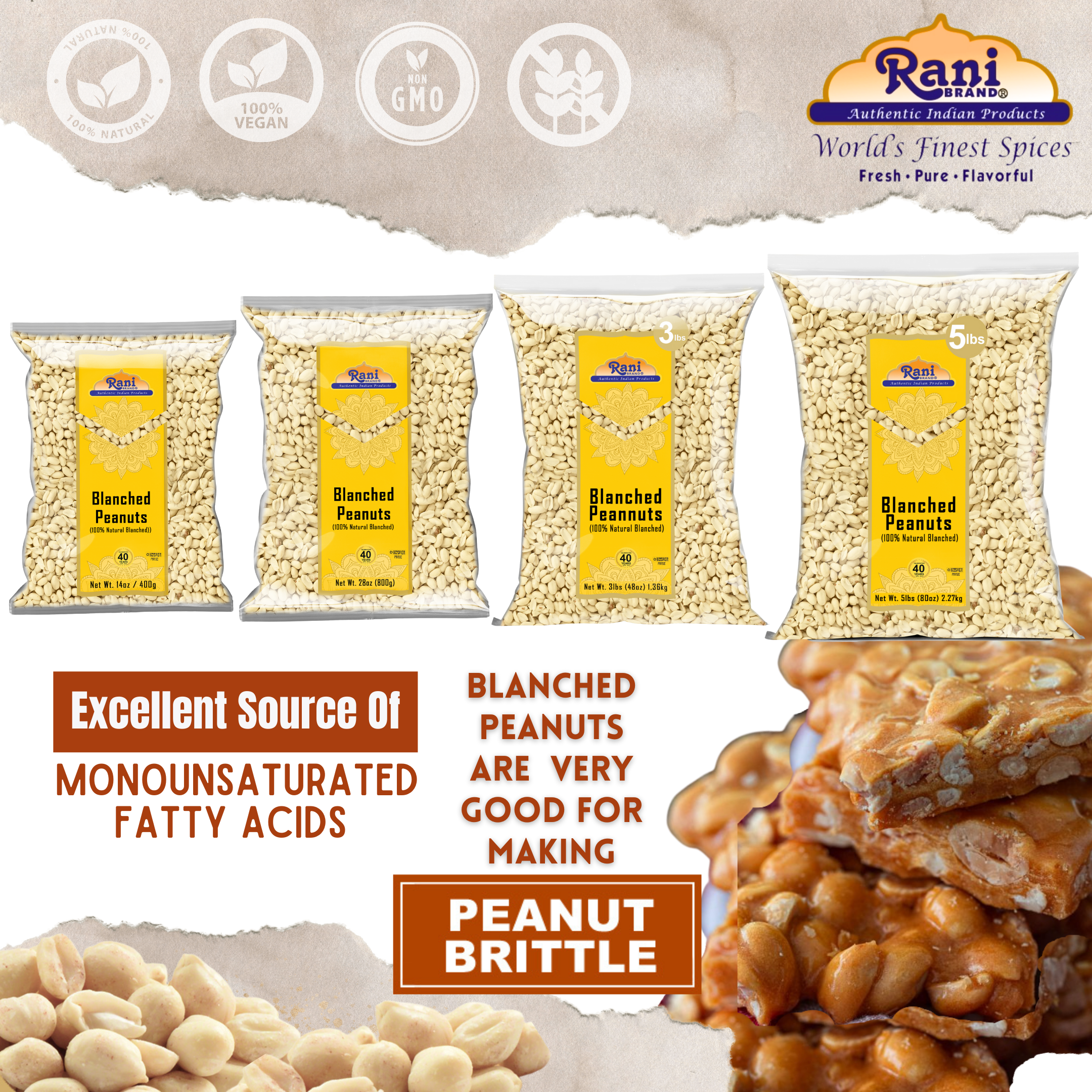 Rani Peanuts Skinless (Blanched, Uncooked) 80oz (5lbs) 2.27kg Bulk ~ All Natural, Vegan, Gluten Friendly, Kosher, Fresh Product of USA ~ Spanish Grade Groundnuts