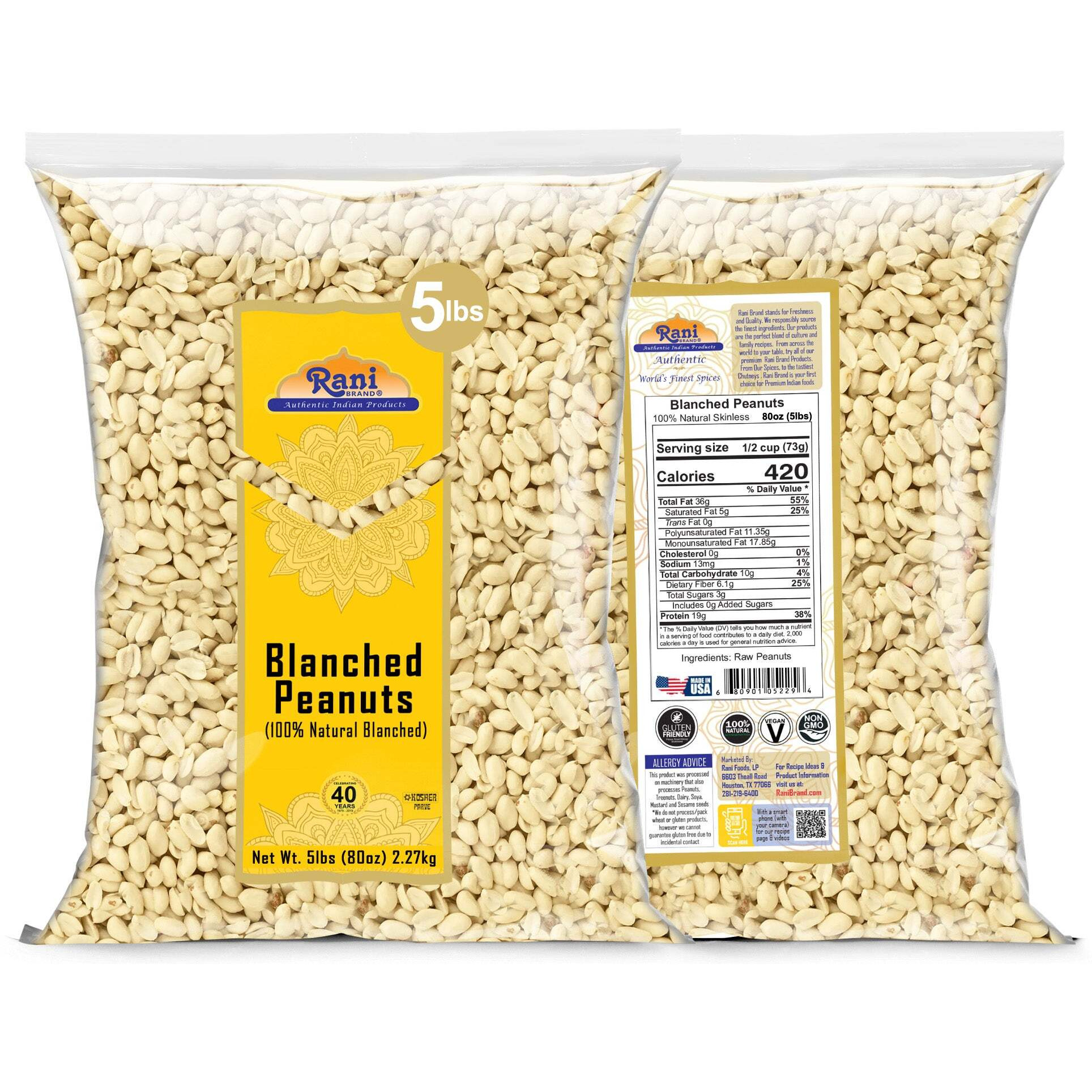Rani Peanuts Skinless (Blanched, Uncooked) 80oz (5lbs) 2.27kg Bulk ~ All Natural, Vegan, Gluten Friendly, Kosher, Fresh Product of USA ~ Spanish Grade Groundnuts