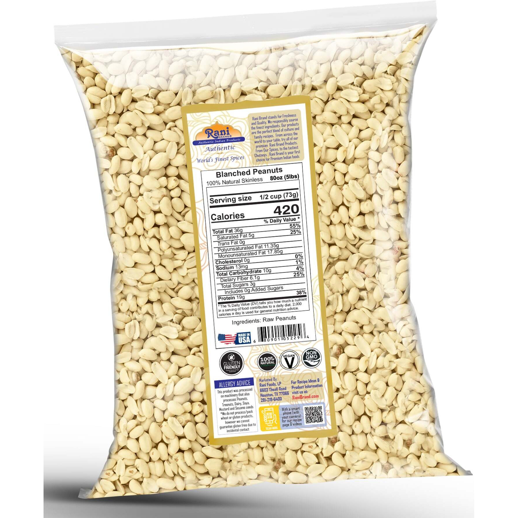 Rani Peanuts Skinless (Blanched, Uncooked) 80oz (5lbs) 2.27kg Bulk ~ All Natural, Vegan, Gluten Friendly, Kosher, Fresh Product of USA ~ Spanish Grade Groundnuts