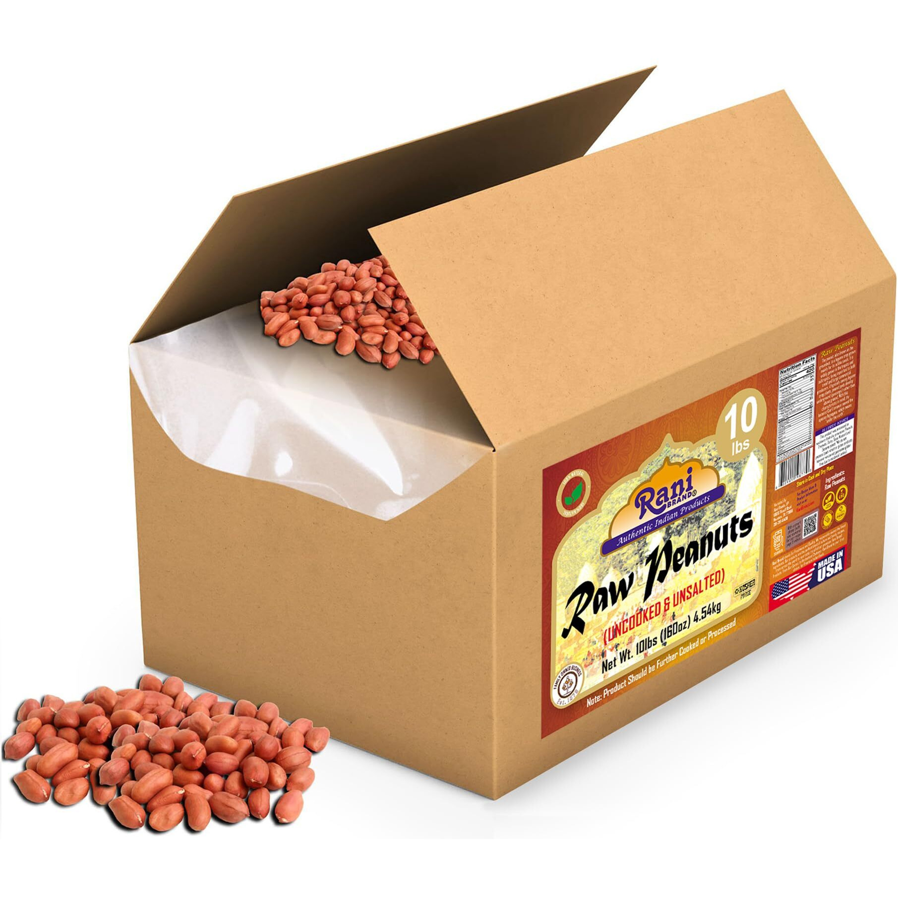 Rani Peanuts, Raw Whole With Skin (uncooked, unsalted) 10lbs (160oz) 4.54kg Bulk Box ~ All Natural, Vegan, Gluten Friendly, Kosher, Fresh Product of USA ~ Spanish Grade Groundnut/Red-skin