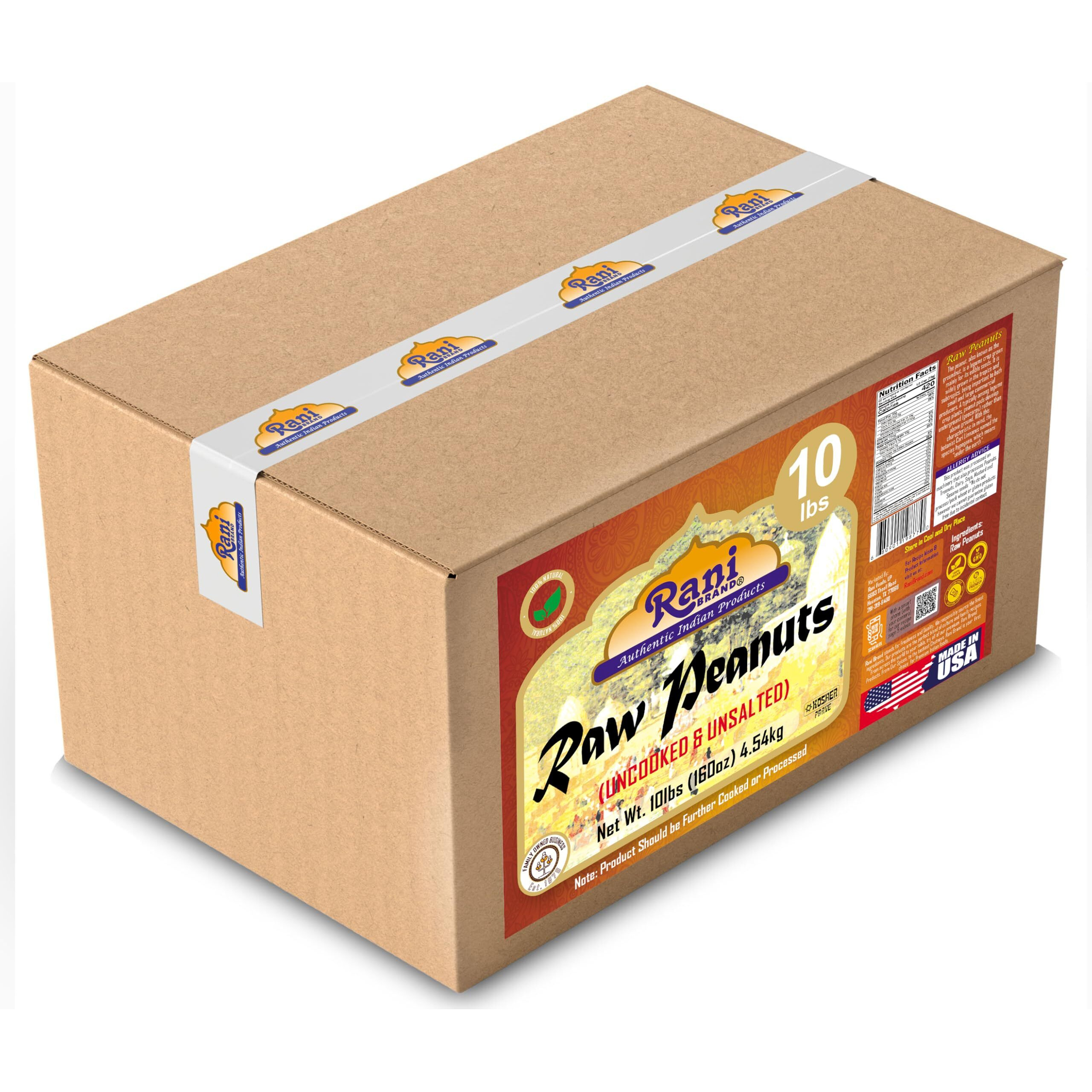 Rani Peanuts, Raw Whole With Skin (uncooked, unsalted) 10lbs (160oz) 4.54kg Bulk Box ~ All Natural, Vegan, Gluten Friendly, Kosher, Fresh Product of USA ~ Spanish Grade Groundnut/Red-skin