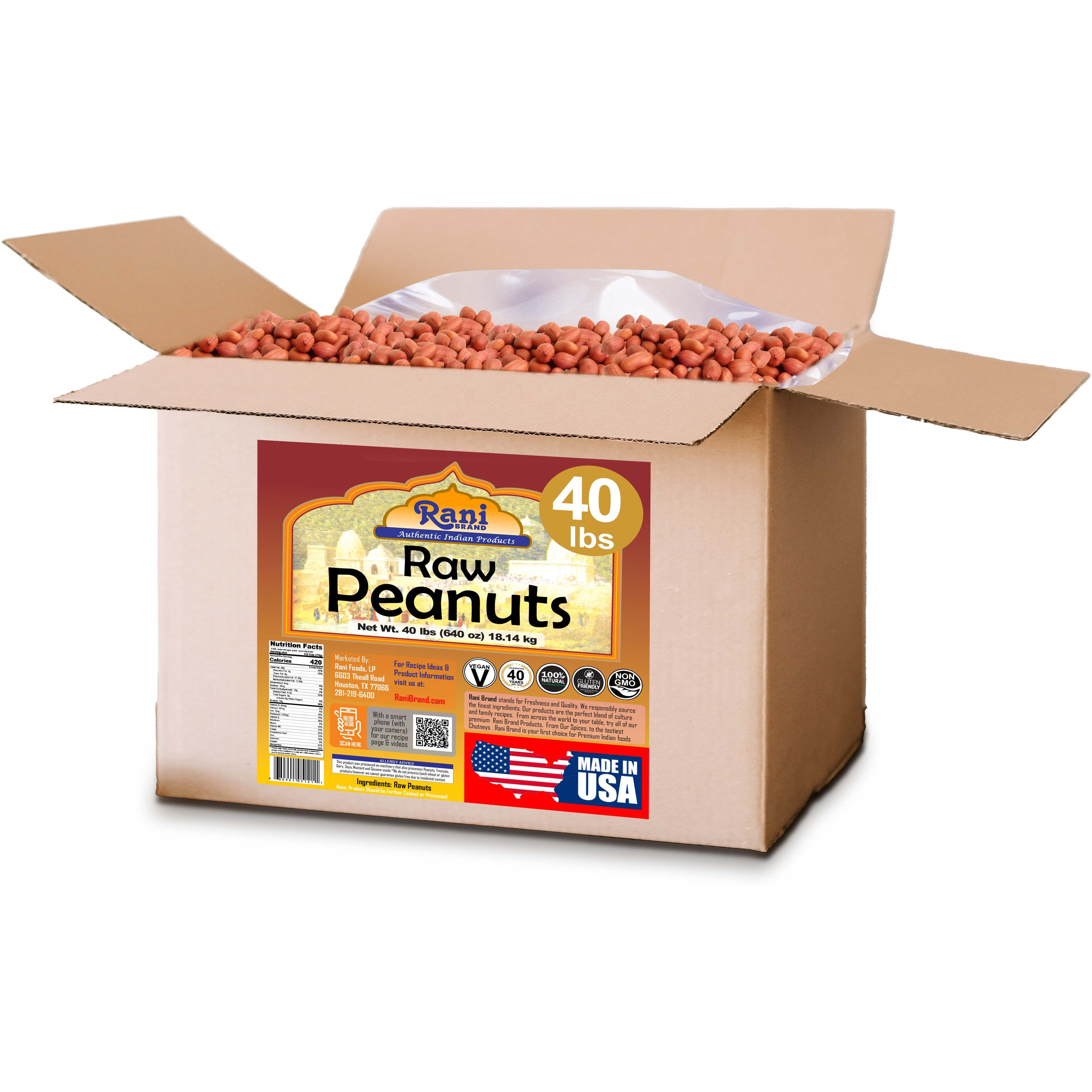 Rani Peanuts, Raw Whole With Skin (uncooked, unsalted) 40lbs (640oz) 18.14kg Bulk Box ~ All Natural, Vegan, Gluten Friendly, Fresh Product of USA ~ Spanish Grade Groundnut/Red-skin