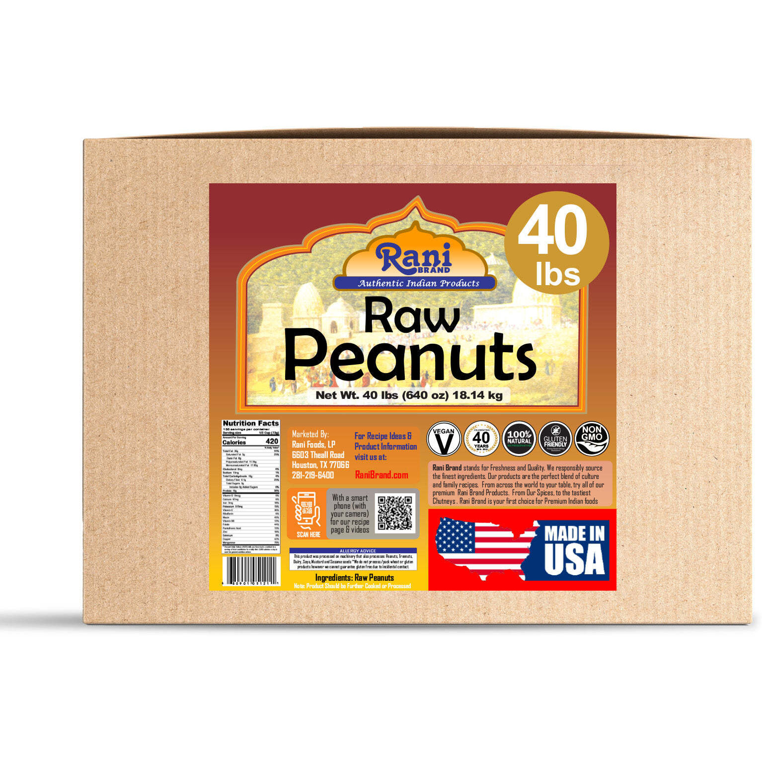 Rani Peanuts, Raw Whole With Skin (uncooked, unsalted) 40lbs (640oz) 18.14kg Bulk Box ~ All Natural, Vegan, Gluten Friendly, Fresh Product of USA ~ Spanish Grade Groundnut/Red-skin