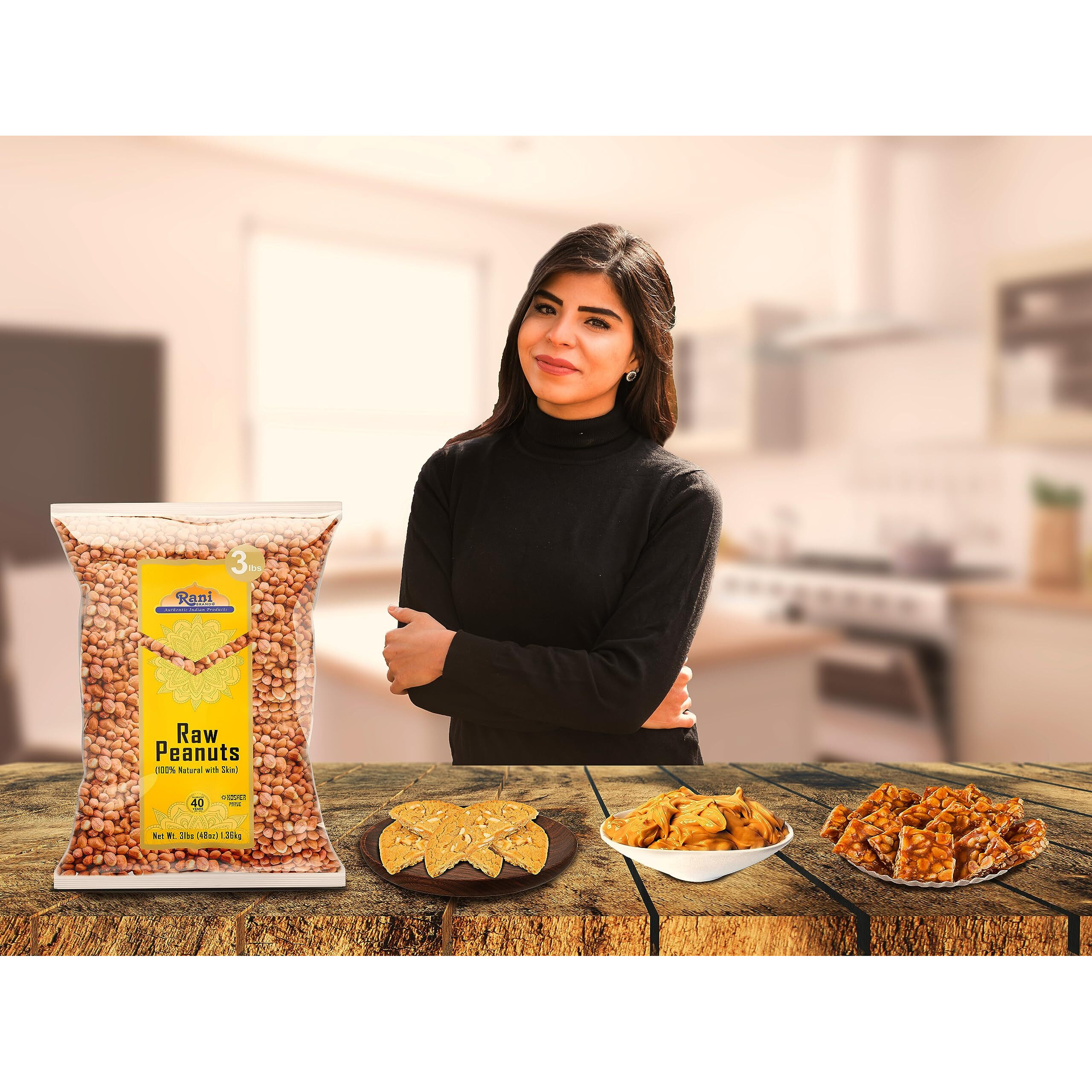 Rani Peanuts, Raw Whole With Skin (uncooked, unsalted) 48oz (3lbs) 1.36kg Bulk ~ All Natural, Vegan, Gluten Friendly, Kosher, Fresh Product of USA ~ Spanish Grade Groundnut/Red-skin
