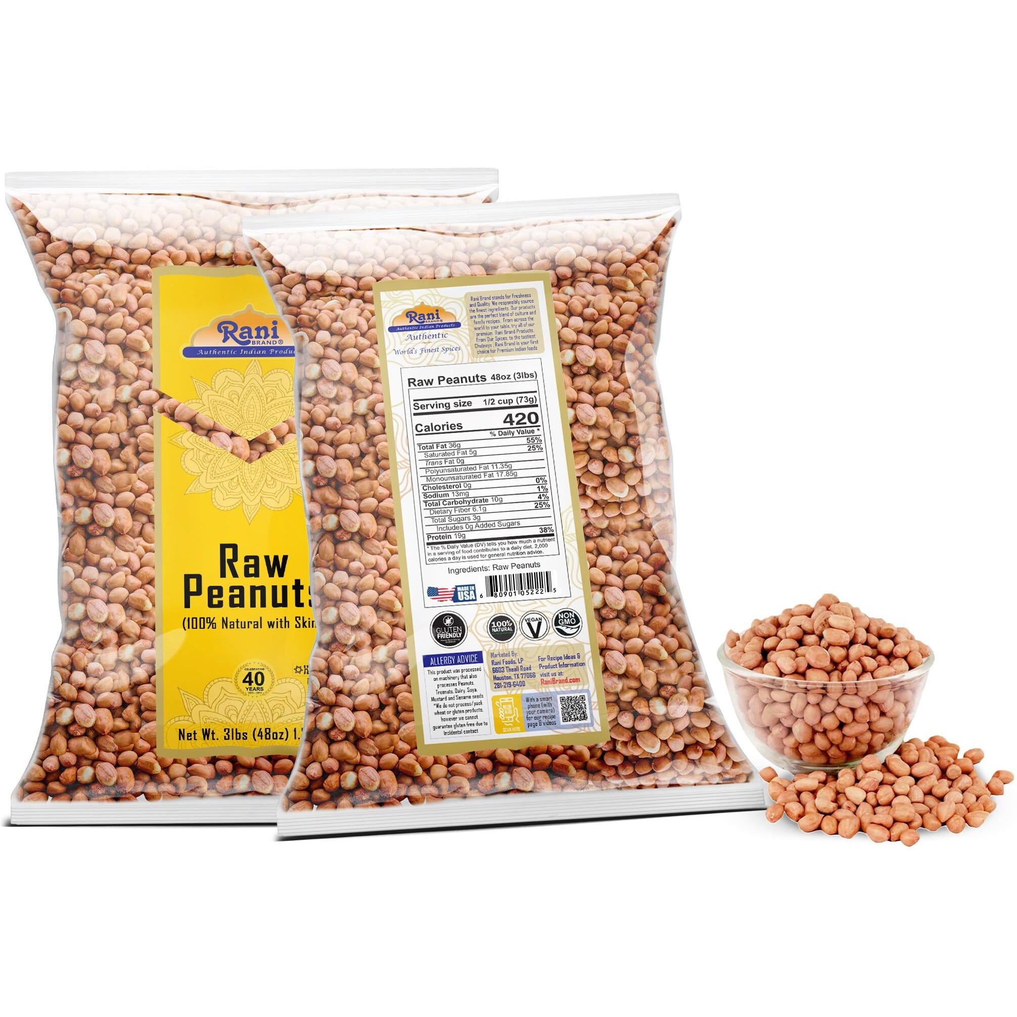 Rani Peanuts, Raw Whole With Skin (uncooked, unsalted) 48oz (3lbs) 1.36kg Bulk ~ All Natural, Vegan, Gluten Friendly, Kosher, Fresh Product of USA ~ Spanish Grade Groundnut/Red-skin