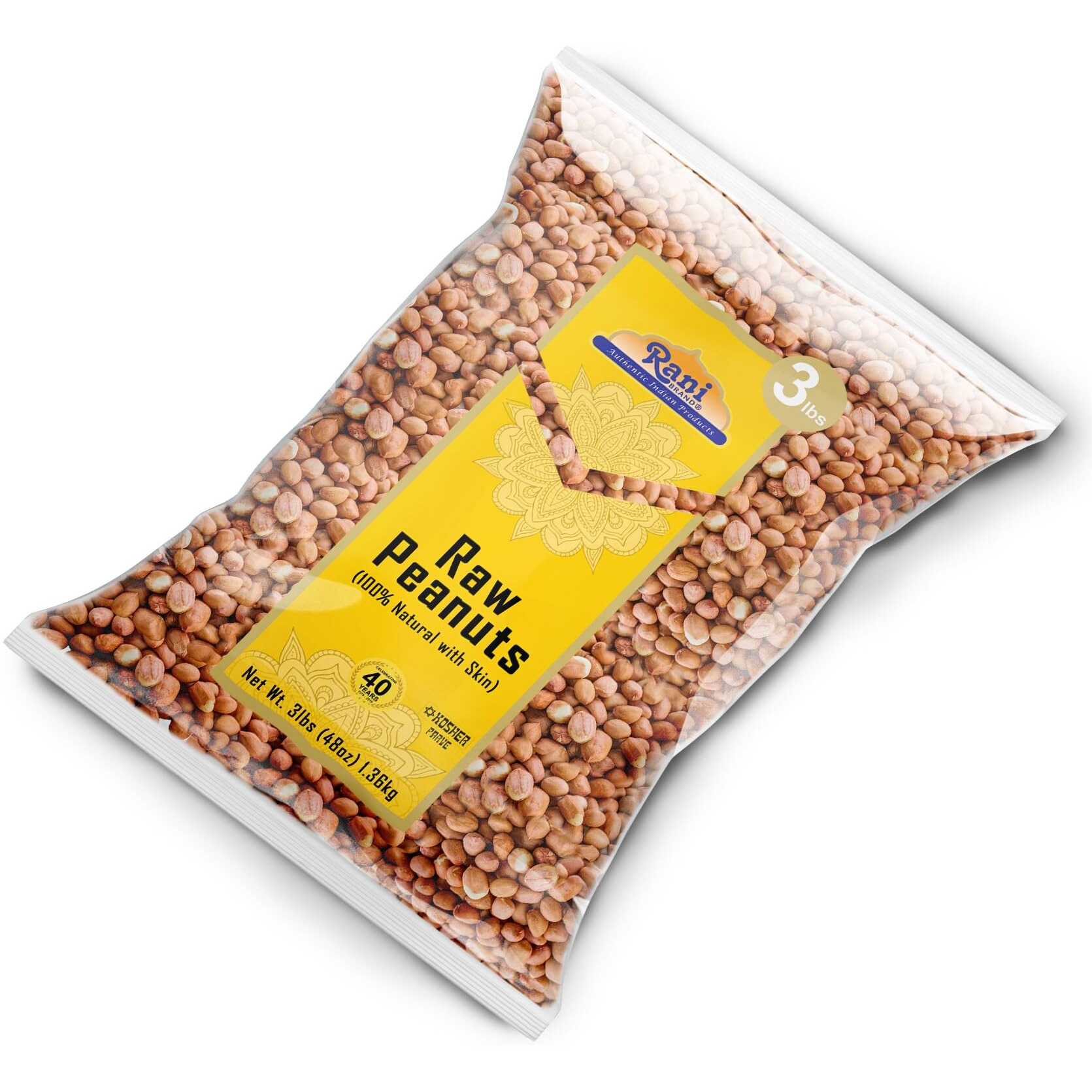 Rani Peanuts, Raw Whole With Skin (uncooked, unsalted) 48oz (3lbs) 1.36kg Bulk ~ All Natural, Vegan, Gluten Friendly, Kosher, Fresh Product of USA ~ Spanish Grade Groundnut/Red-skin