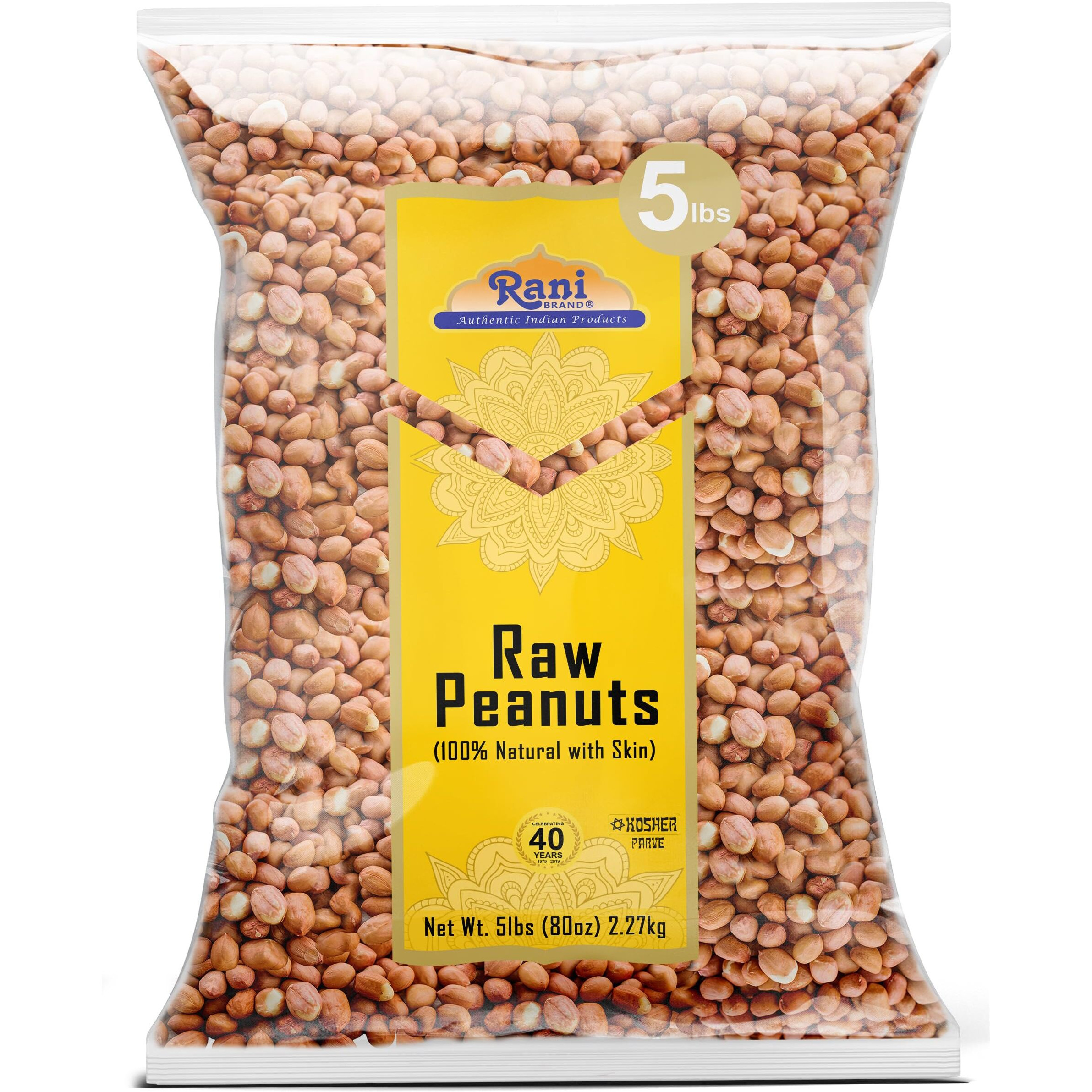 Rani Peanuts, Raw Whole With Skin (uncooked, unsalted) 80oz (5lbs) 2.27kg Bulk ~ All Natural, Vegan, Kosher, Gluten Friendly, Fresh Product of USA ~ Spanish Grade Groundnut/Red-skin