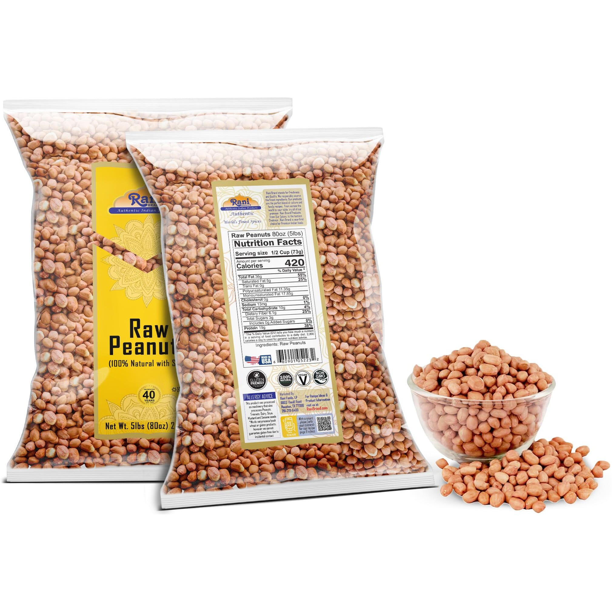 Rani Peanuts, Raw Whole With Skin (uncooked, unsalted) 80oz (5lbs) 2.27kg Bulk ~ All Natural, Vegan, Kosher, Gluten Friendly, Fresh Product of USA ~ Spanish Grade Groundnut/Red-skin