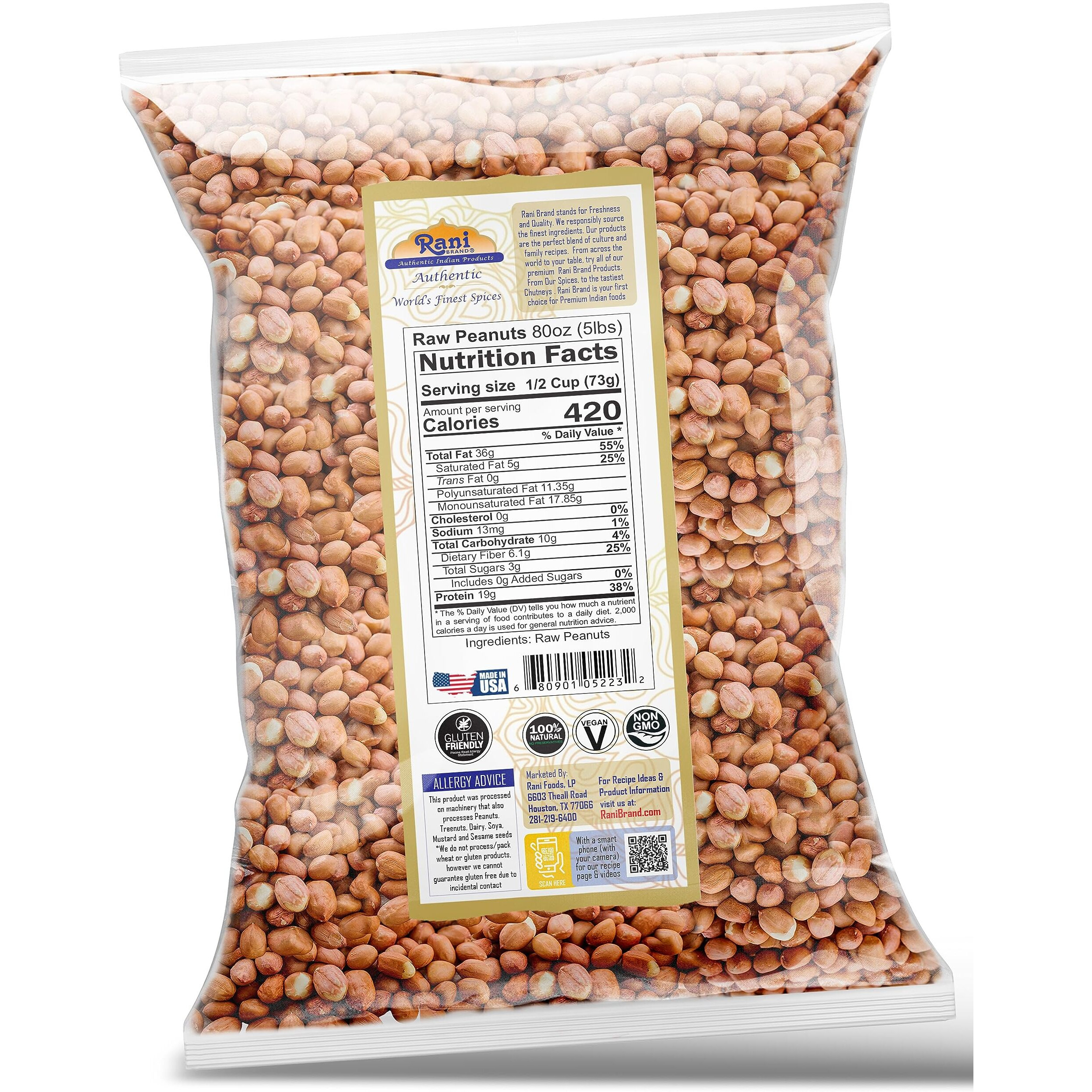 Rani Peanuts, Raw Whole With Skin (uncooked, unsalted) 80oz (5lbs) 2.27kg Bulk ~ All Natural, Vegan, Kosher, Gluten Friendly, Fresh Product of USA ~ Spanish Grade Groundnut/Red-skin