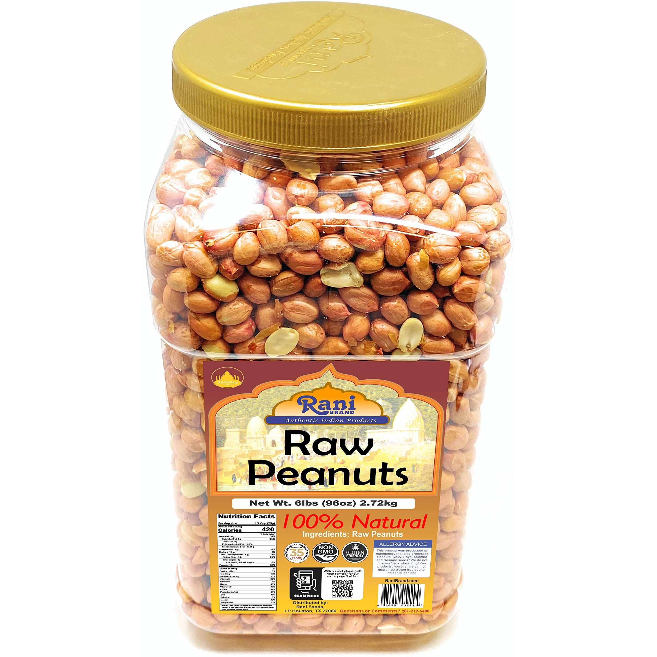 Rani Peanuts, Raw Whole With Skin (uncooked, unsalted) 96oz (6lbs) 2.72kg Bulk PET Jar ~ All Natural, Vegan, Gluten Friendly, Fresh Product of USA ~ Spanish Grade Groundnut/Red-skin