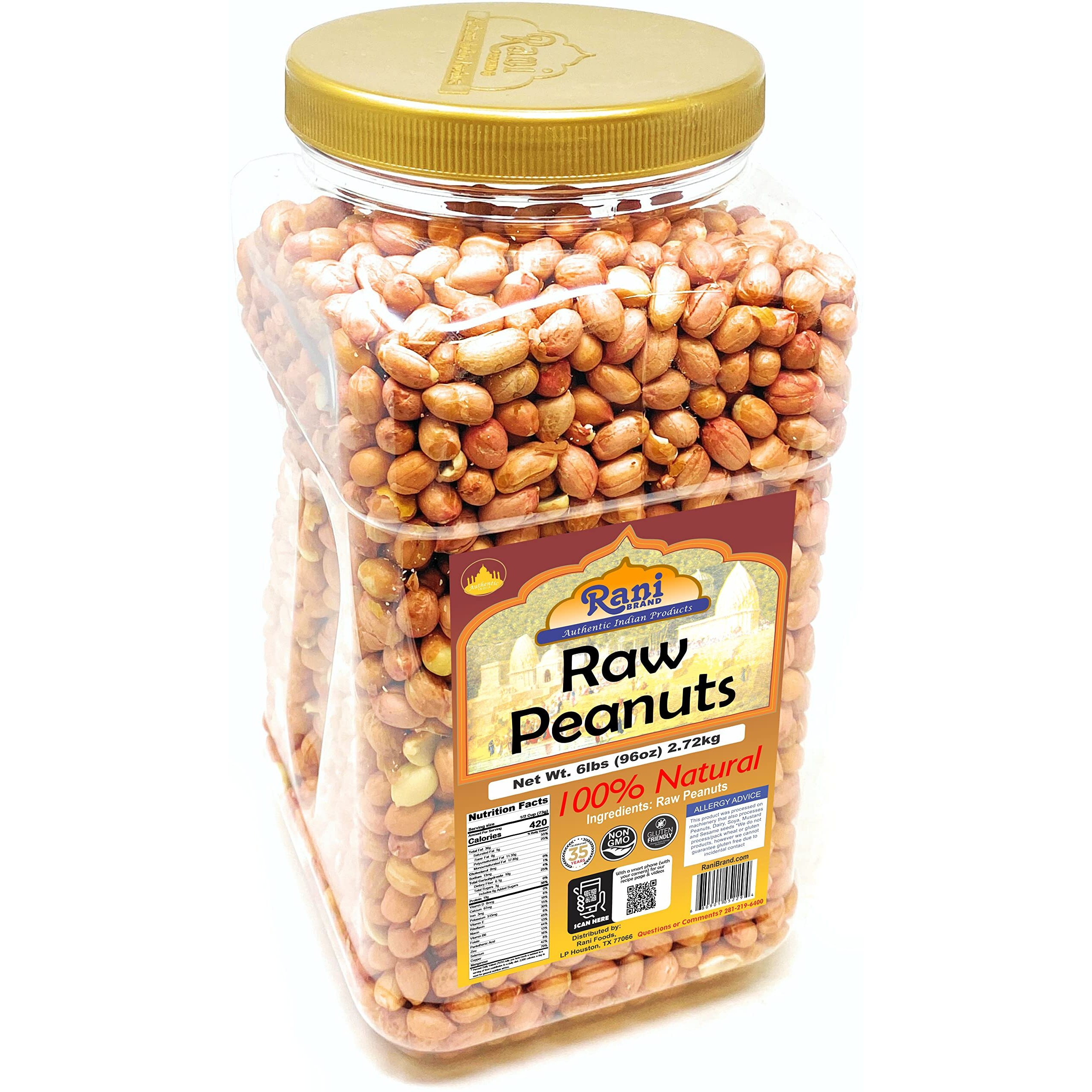 Rani Peanuts, Raw Whole With Skin (uncooked, unsalted) 96oz (6lbs) 2.72kg Bulk PET Jar ~ All Natural, Vegan, Gluten Friendly, Fresh Product of USA ~ Spanish Grade Groundnut/Red-skin