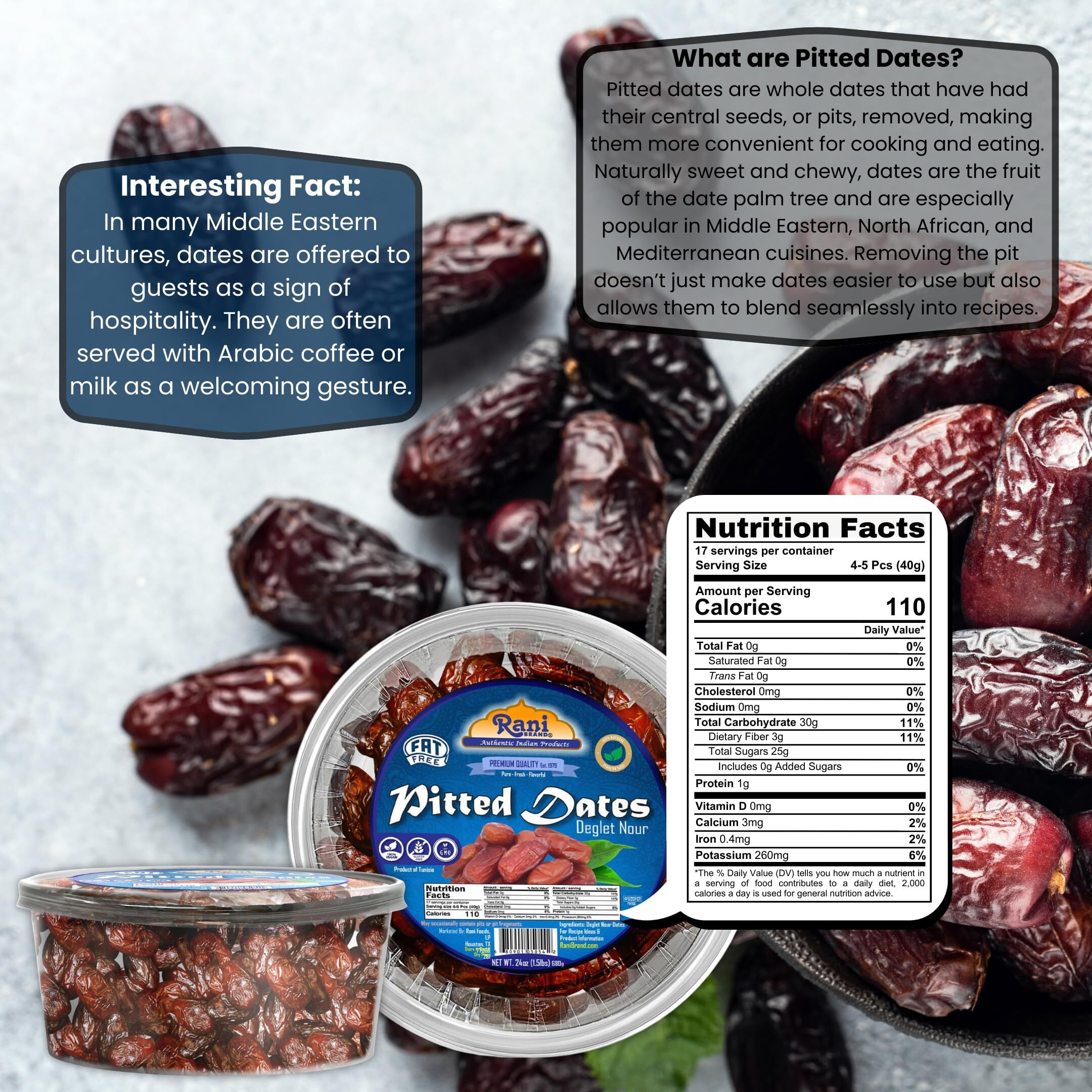 Rani Pitted Dates (Deglet Nour) Raw Dried Fruit 24oz (1.5lbs) 680g ~ All Natural, Fat-free, No added Sugar, Vegan, Gluten Friendly, Non-GMO, Kosher, Product of Tunisia