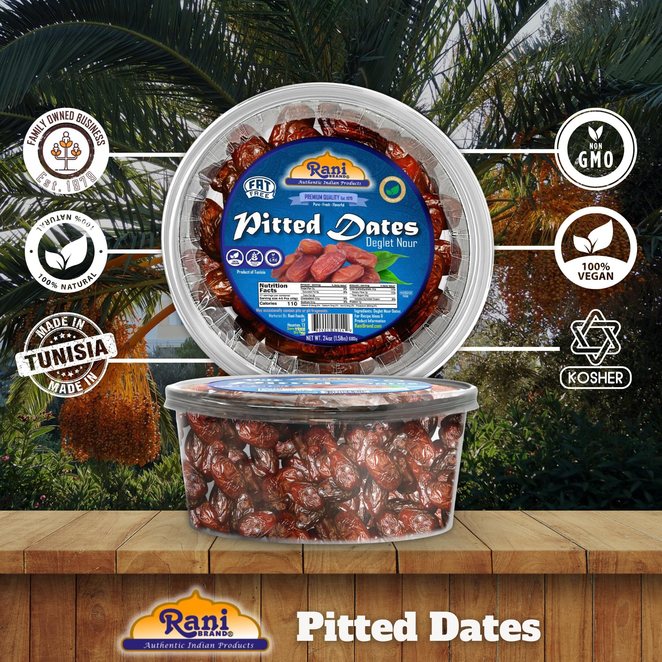 Rani Pitted Dates (Deglet Nour) Raw Dried Fruit 24oz (1.5lbs) 680g ~ All Natural, Fat-free, No added Sugar, Vegan, Gluten Friendly, Non-GMO, Kosher, Product of Tunisia