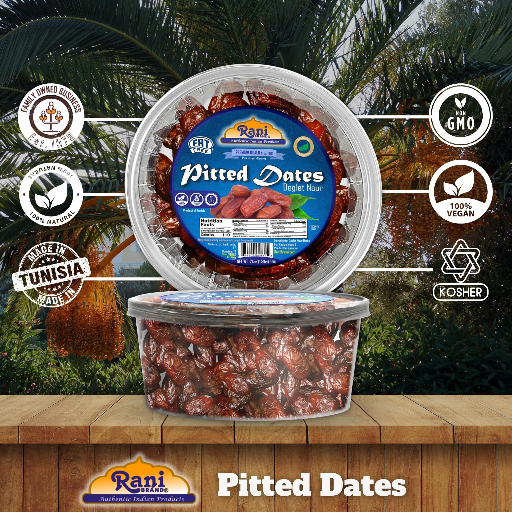 Rani Pitted Dates (Deglet Nour) Raw Dried Fruit 24oz (1.5lbs) 680g, Pack of 2 ~ All Natural, Fat-free, No added Sugar, Vegan, Gluten Friendly, Non-GMO, Kosher, Product of Tunisia