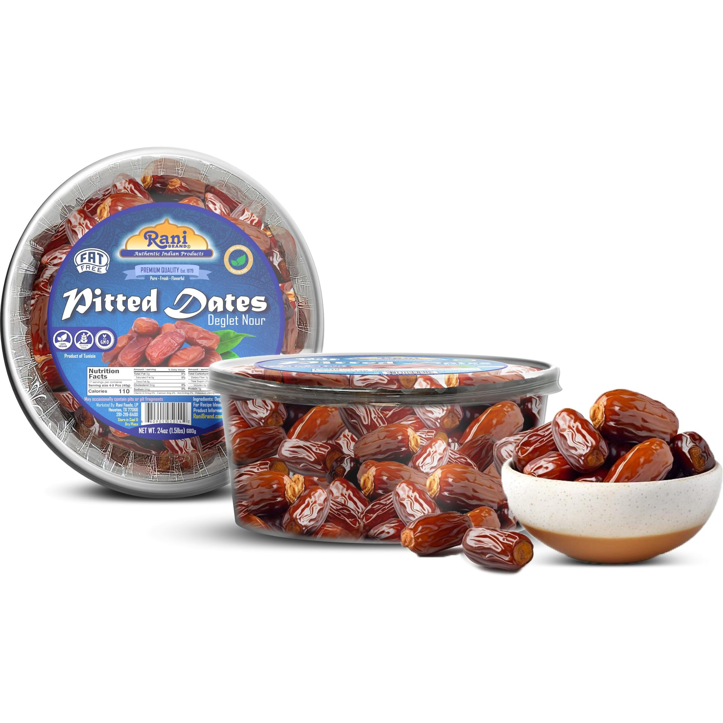 Rani Pitted Dates (Deglet Nour) Raw Dried Fruit 24oz (1.5lbs) 680g, Pack of 6 ~ All Natural, Fat-free, No added Sugar, Vegan, Gluten Friendly, Non-GMO, Kosher, Product of Tunisia