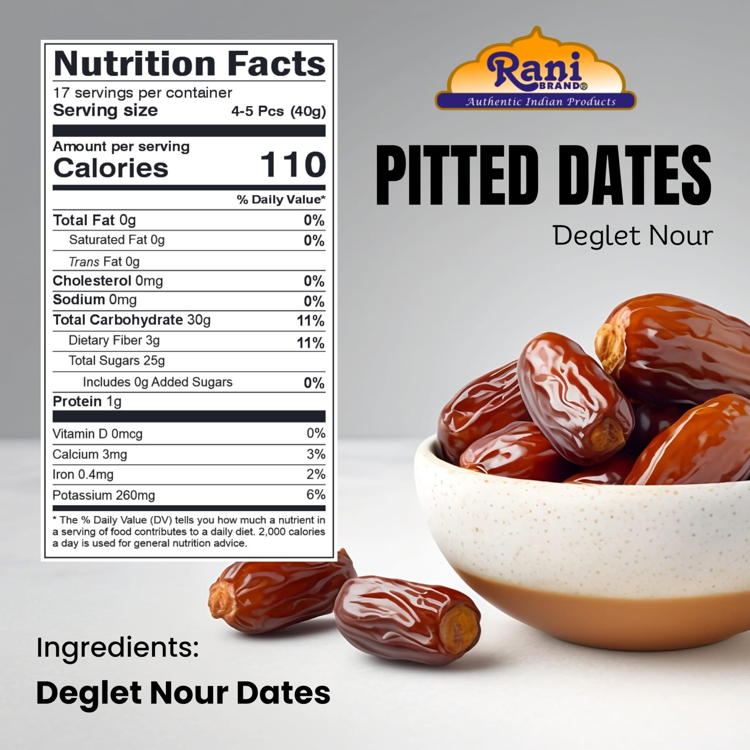 Rani Pitted Dates (Deglet Nour) Raw Dried Fruit 24oz (1.5lbs) 680g, Pack of 6 ~ All Natural, Fat-free, No added Sugar, Vegan, Gluten Friendly, Non-GMO, Kosher, Product of Tunisia