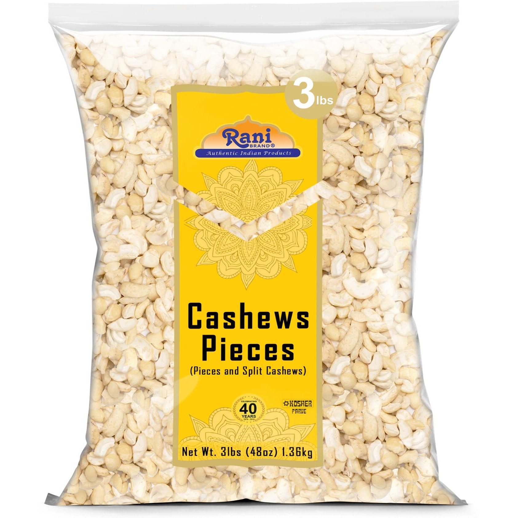 Rani Raw Cashews Halves and Pieces (uncooked, unsalted) 48oz (3lbs) 1.36kg Bulk ~ All Natural, No Preservatives, Vegan, NON-GMO, Kosher, Gluten Friendly