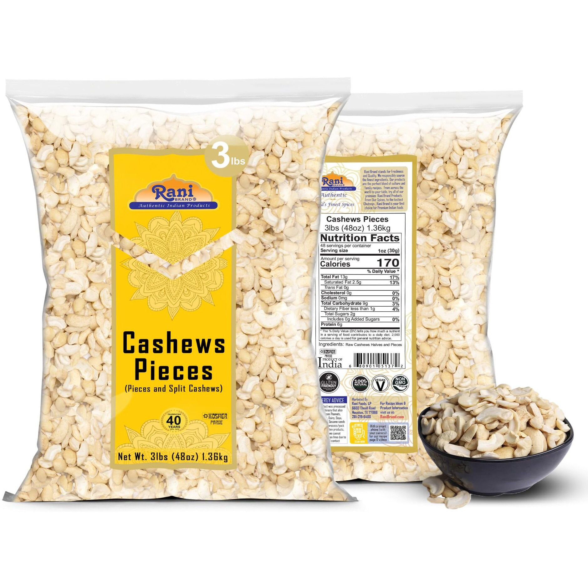 Rani Raw Cashews Halves and Pieces (uncooked, unsalted) 48oz (3lbs) 1.36kg Bulk ~ All Natural, No Preservatives, Vegan, NON-GMO, Kosher, Gluten Friendly