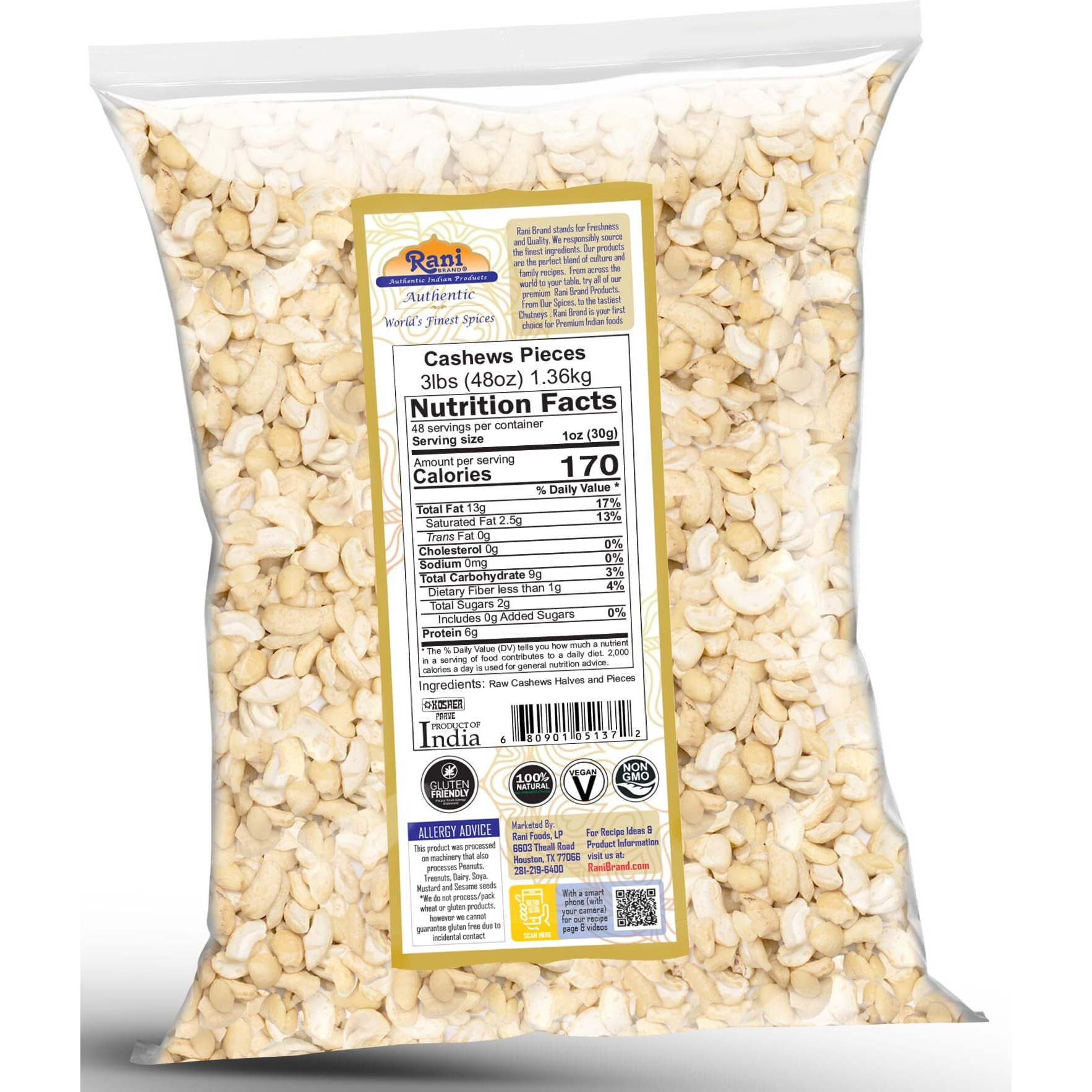 Rani Raw Cashews Halves and Pieces (uncooked, unsalted) 48oz (3lbs) 1.36kg Bulk ~ All Natural, No Preservatives, Vegan, NON-GMO, Kosher, Gluten Friendly