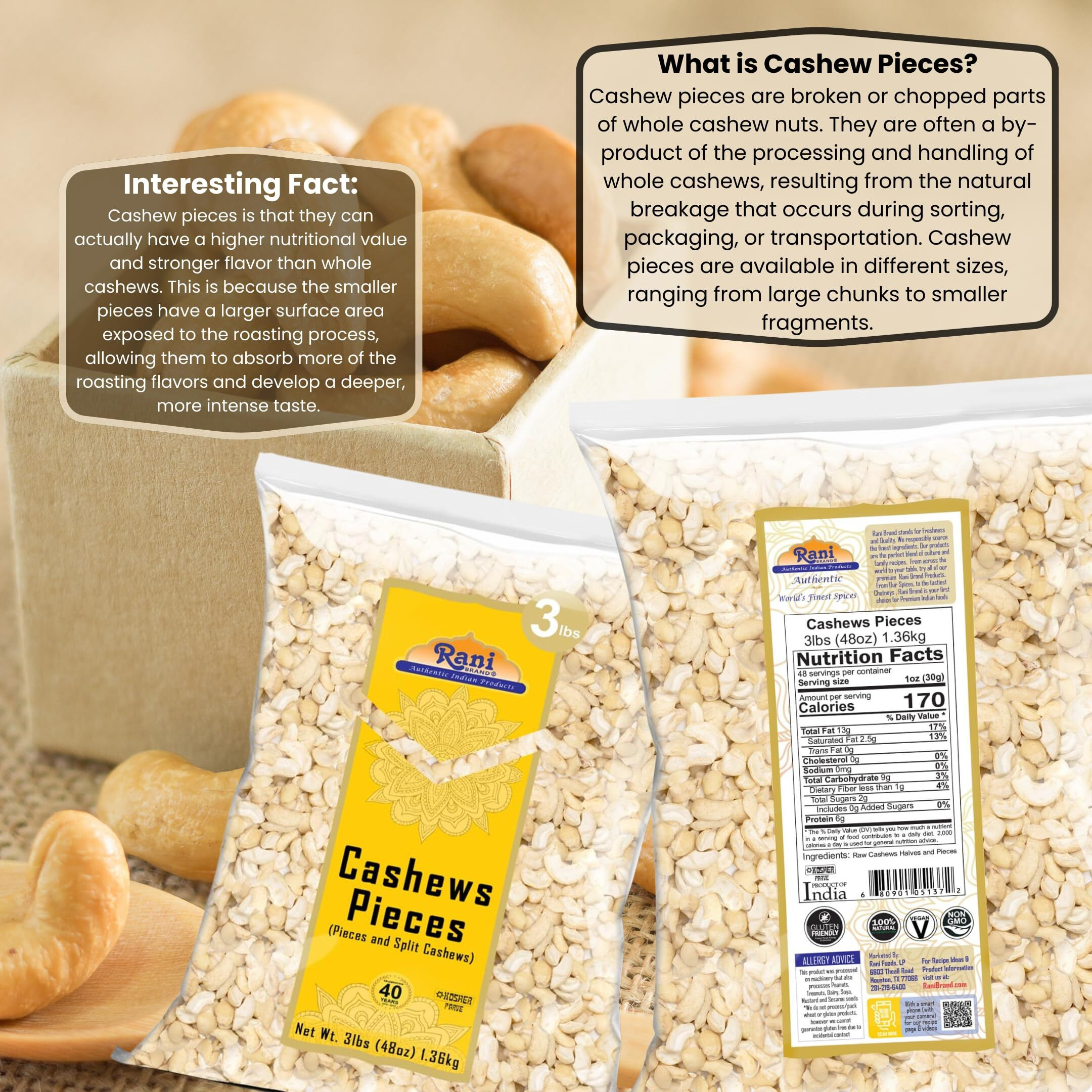 Rani Raw Cashews Halves and Pieces (uncooked, unsalted) 48oz (3lbs) 1.36kg Bulk ~ All Natural, No Preservatives, Vegan, NON-GMO, Kosher, Gluten Friendly