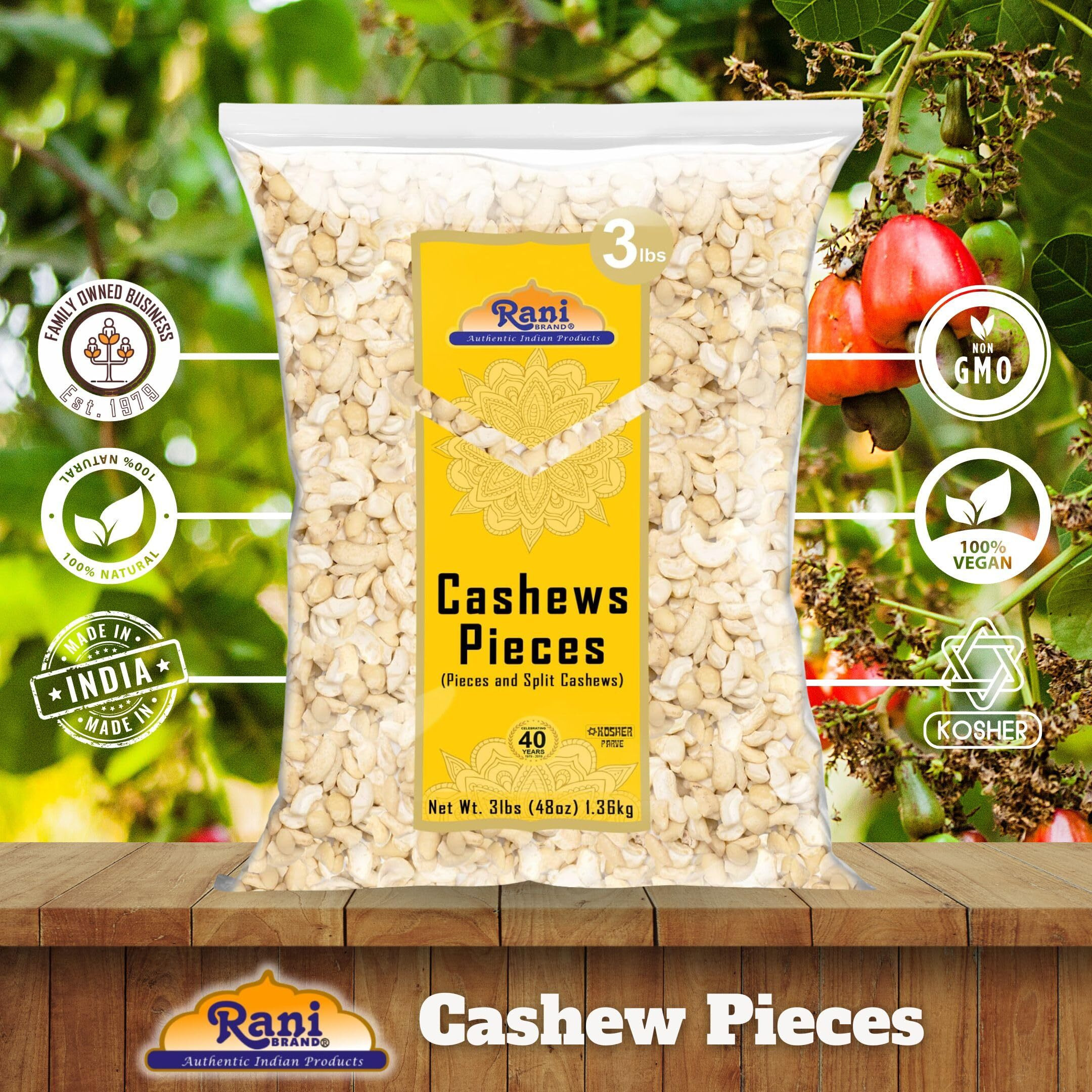 Rani Raw Cashews Halves and Pieces (uncooked, unsalted) 48oz (3lbs) 1.36kg Bulk ~ All Natural, No Preservatives, Vegan, NON-GMO, Kosher, Gluten Friendly