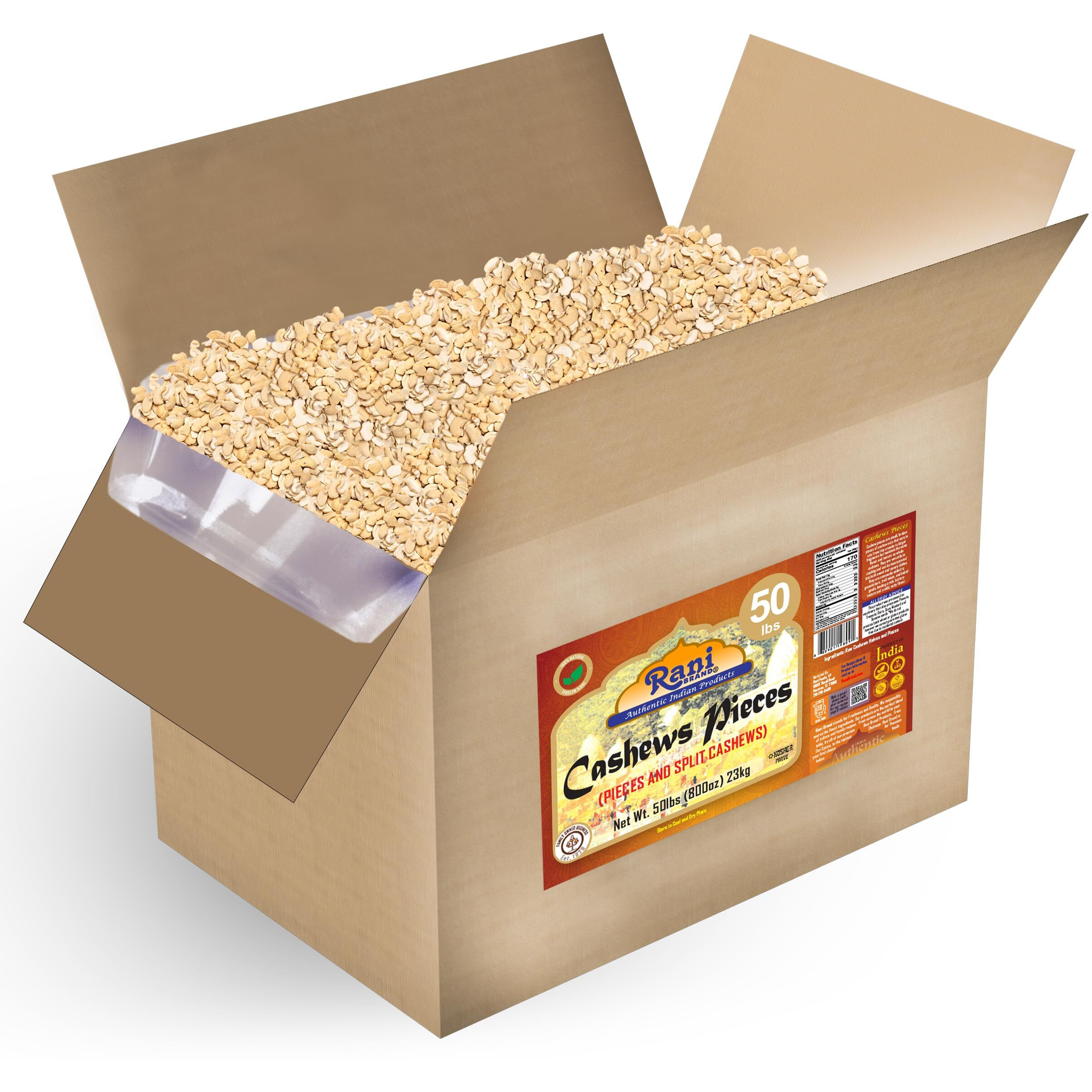 Rani Raw Cashews Halves and Pieces (uncooked, unsalted) 800oz (50lbs) 23kg Vacuum Packed, Bulk Box ~ All Natural, No Preservatives, Vegan, NON-GMO, Kosher, Gluten Friendly