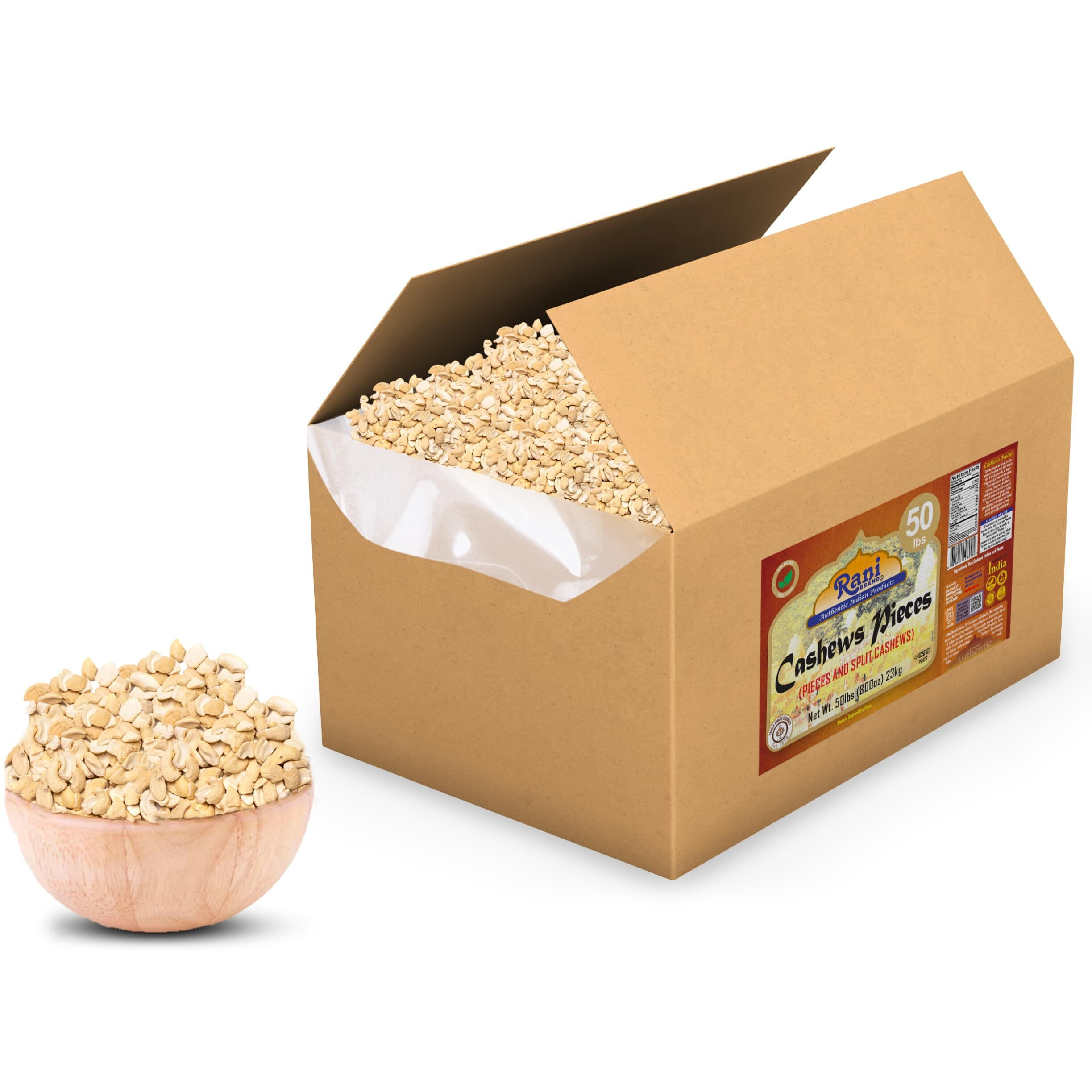 Rani Raw Cashews Halves and Pieces (uncooked, unsalted) 800oz (50lbs) 23kg Vacuum Packed, Bulk Box ~ All Natural, No Preservatives, Vegan, NON-GMO, Kosher, Gluten Friendly