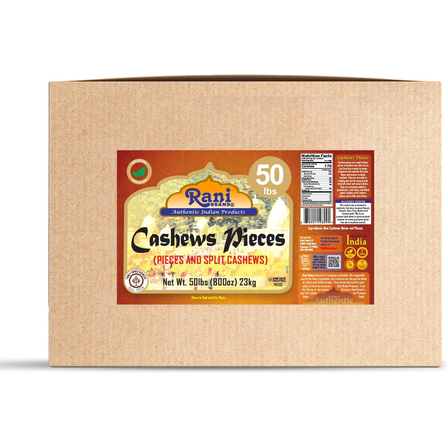 Rani Raw Cashews Halves and Pieces (uncooked, unsalted) 800oz (50lbs) 23kg Vacuum Packed, Bulk Box ~ All Natural, No Preservatives, Vegan, NON-GMO, Kosher, Gluten Friendly