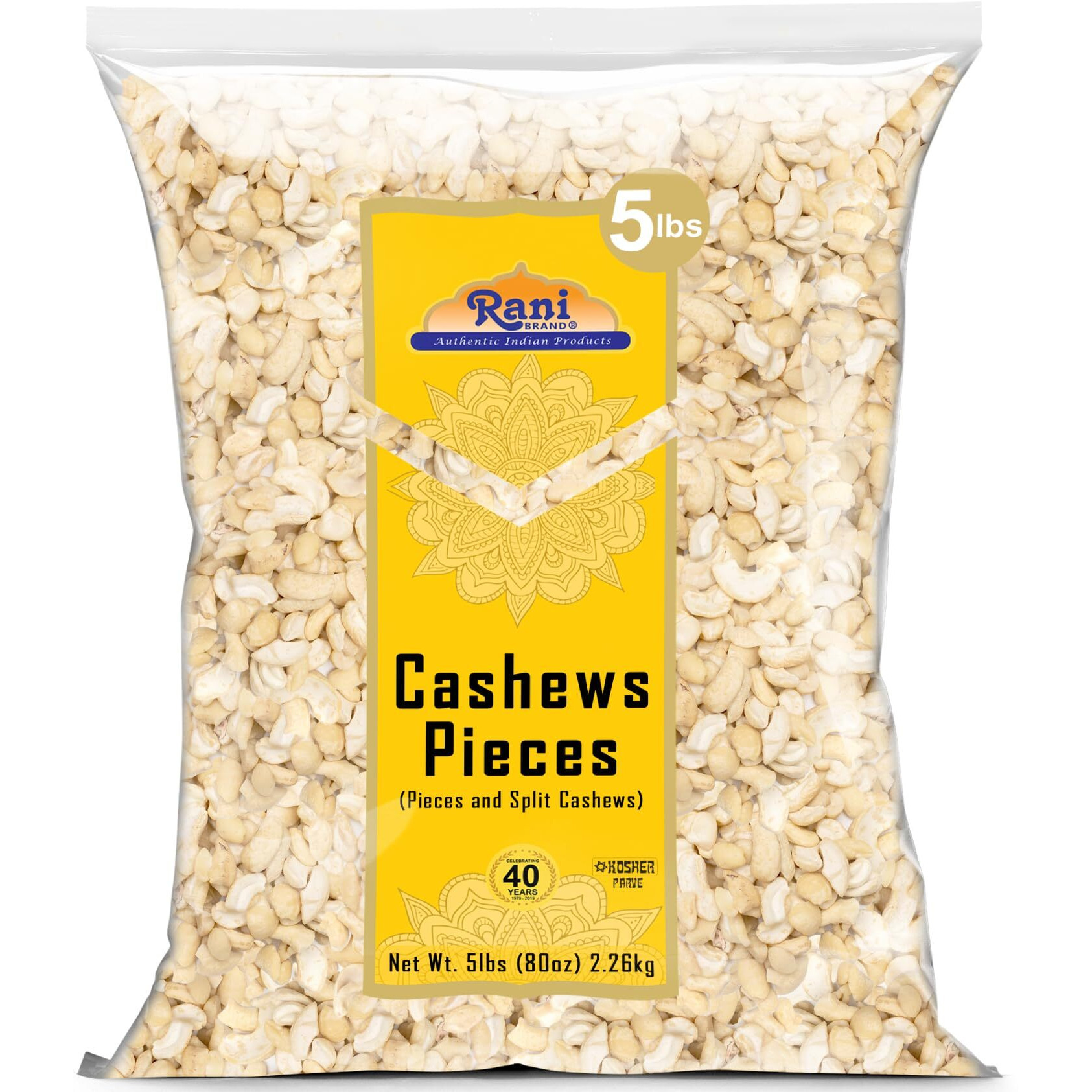 Rani Raw Cashews Halves and Pieces (uncooked, unsalted) 80oz (5lbs) 2.27kg Bulk ~ All Natural, No Preservatives, Vegan, NON-GMO, Kosher, Gluten Friendly