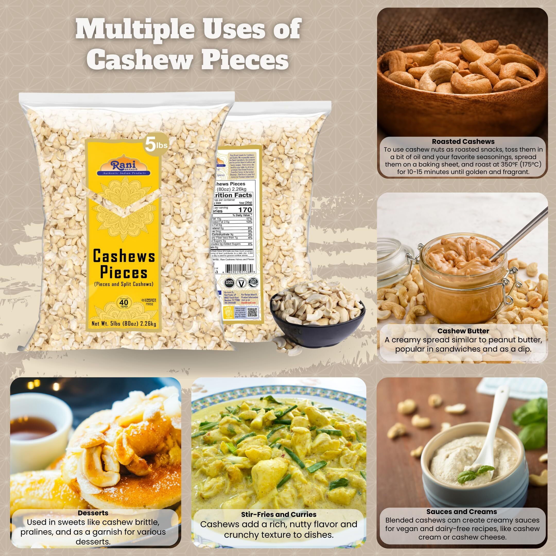 Rani Raw Cashews Halves and Pieces (uncooked, unsalted) 80oz (5lbs) 2.27kg Bulk ~ All Natural, No Preservatives, Vegan, NON-GMO, Kosher, Gluten Friendly