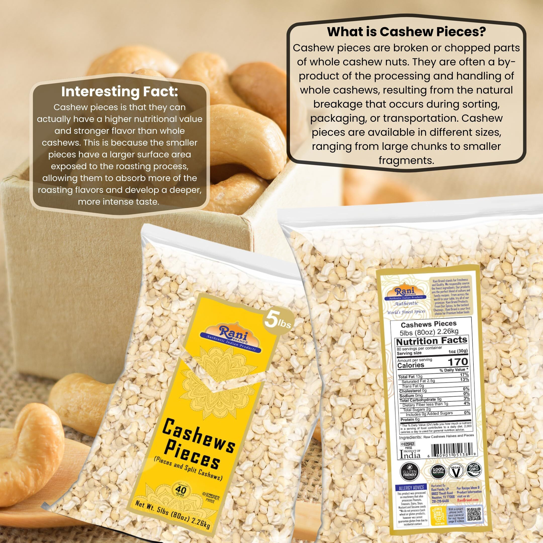 Rani Raw Cashews Halves and Pieces (uncooked, unsalted) 80oz (5lbs) 2.27kg Bulk ~ All Natural, No Preservatives, Vegan, NON-GMO, Kosher, Gluten Friendly