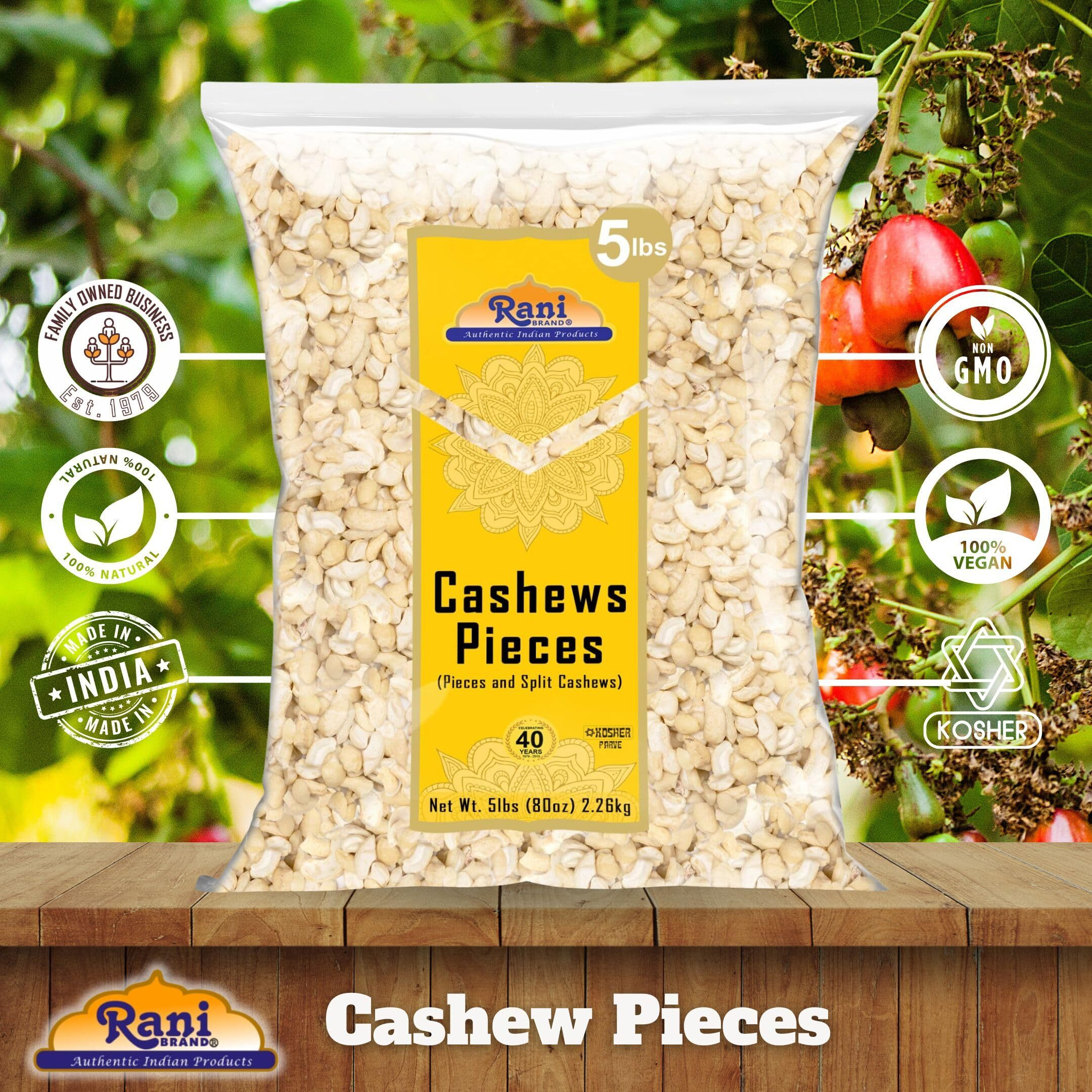 Rani Raw Cashews Halves and Pieces (uncooked, unsalted) 80oz (5lbs) 2.27kg Bulk ~ All Natural, No Preservatives, Vegan, NON-GMO, Kosher, Gluten Friendly