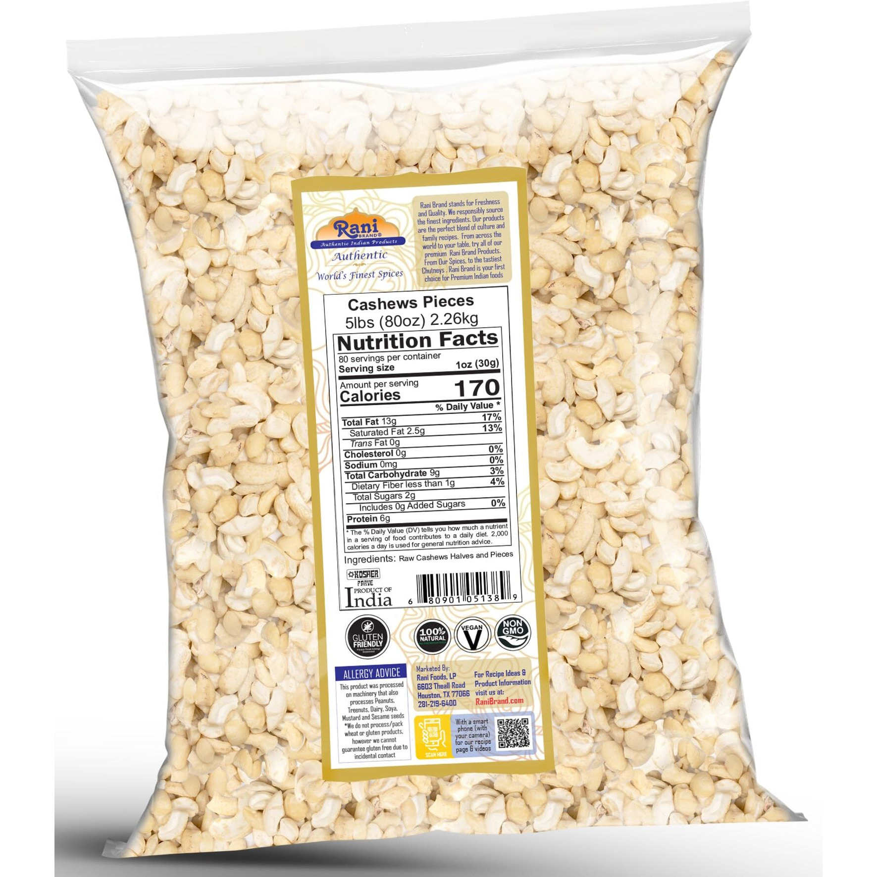 Rani Raw Cashews Halves and Pieces (uncooked, unsalted) 80oz (5lbs) 2.27kg Bulk ~ All Natural, No Preservatives, Vegan, NON-GMO, Kosher, Gluten Friendly