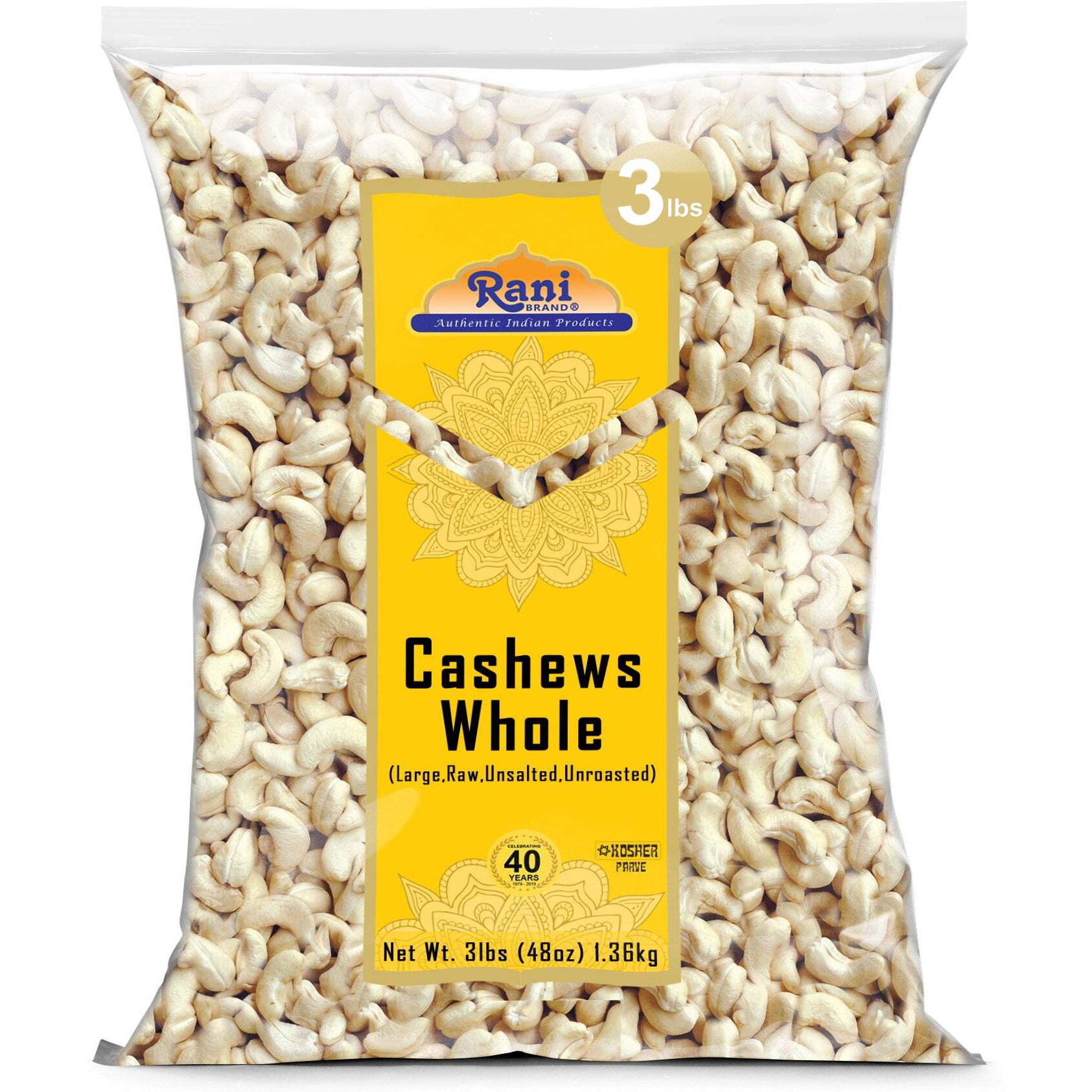 Rani Raw Cashews Whole (uncooked, unsalted) 48oz (3lbs) 1.36kg Bulk ~ All Natural, No Preservatives, Vegan, NON-GMO, Kosher, Gluten Friendly