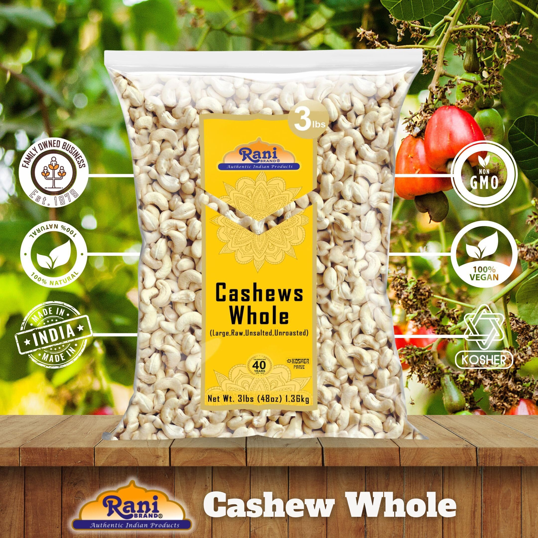 Rani Raw Cashews Whole (uncooked, unsalted) 48oz (3lbs) 1.36kg Bulk ~ All Natural, No Preservatives, Vegan, NON-GMO, Kosher, Gluten Friendly