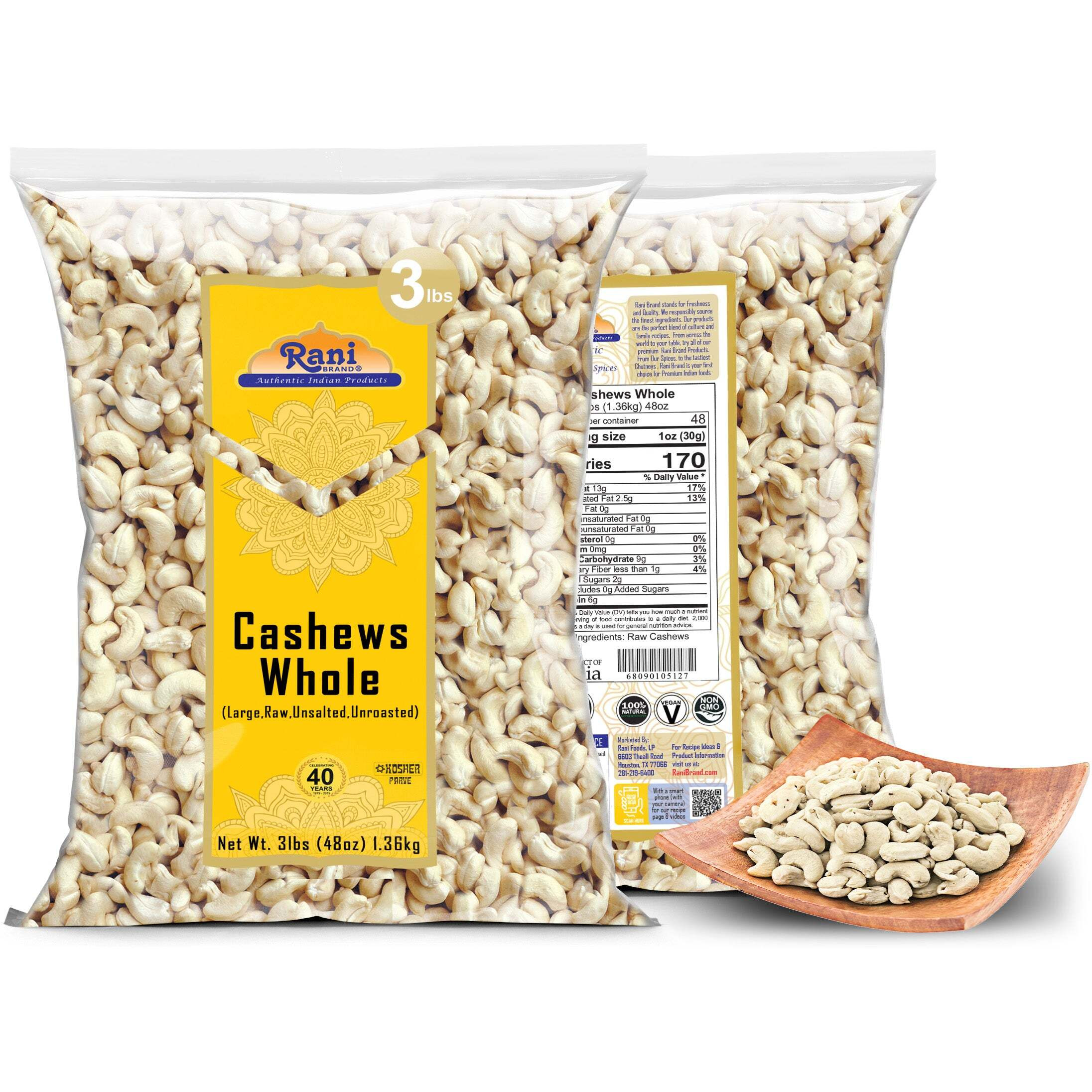 Rani Raw Cashews Whole (uncooked, unsalted) 48oz (3lbs) 1.36kg Bulk ~ All Natural, No Preservatives, Vegan, NON-GMO, Kosher, Gluten Friendly
