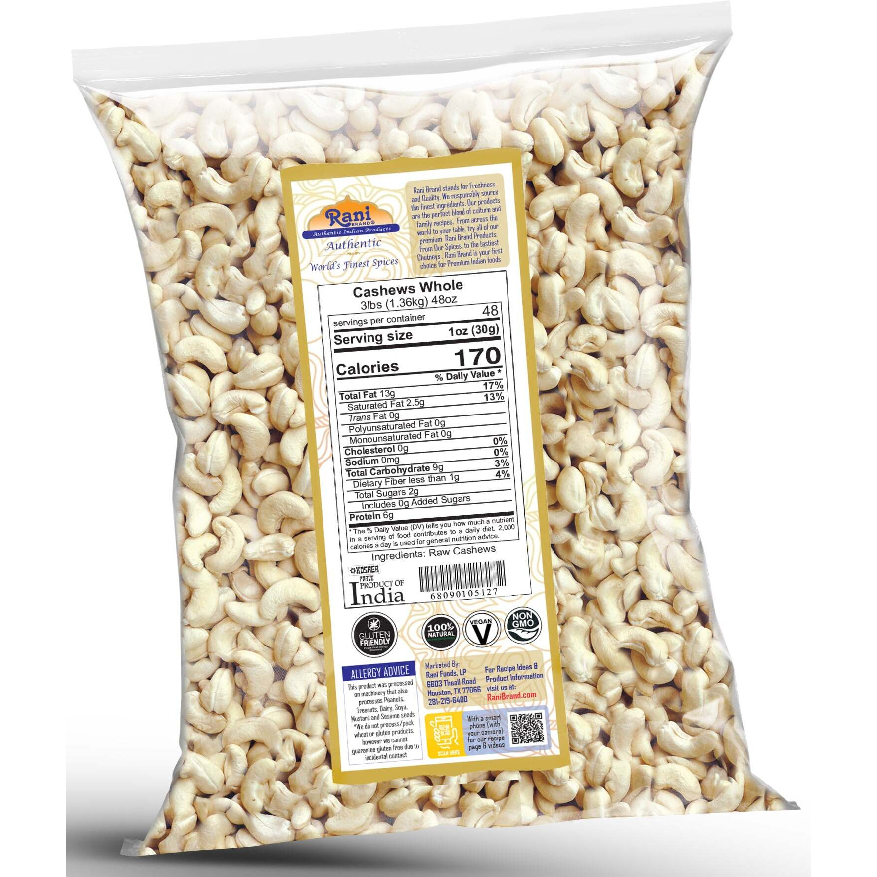 Rani Raw Cashews Whole (uncooked, unsalted) 48oz (3lbs) 1.36kg Bulk ~ All Natural, No Preservatives, Vegan, NON-GMO, Kosher, Gluten Friendly