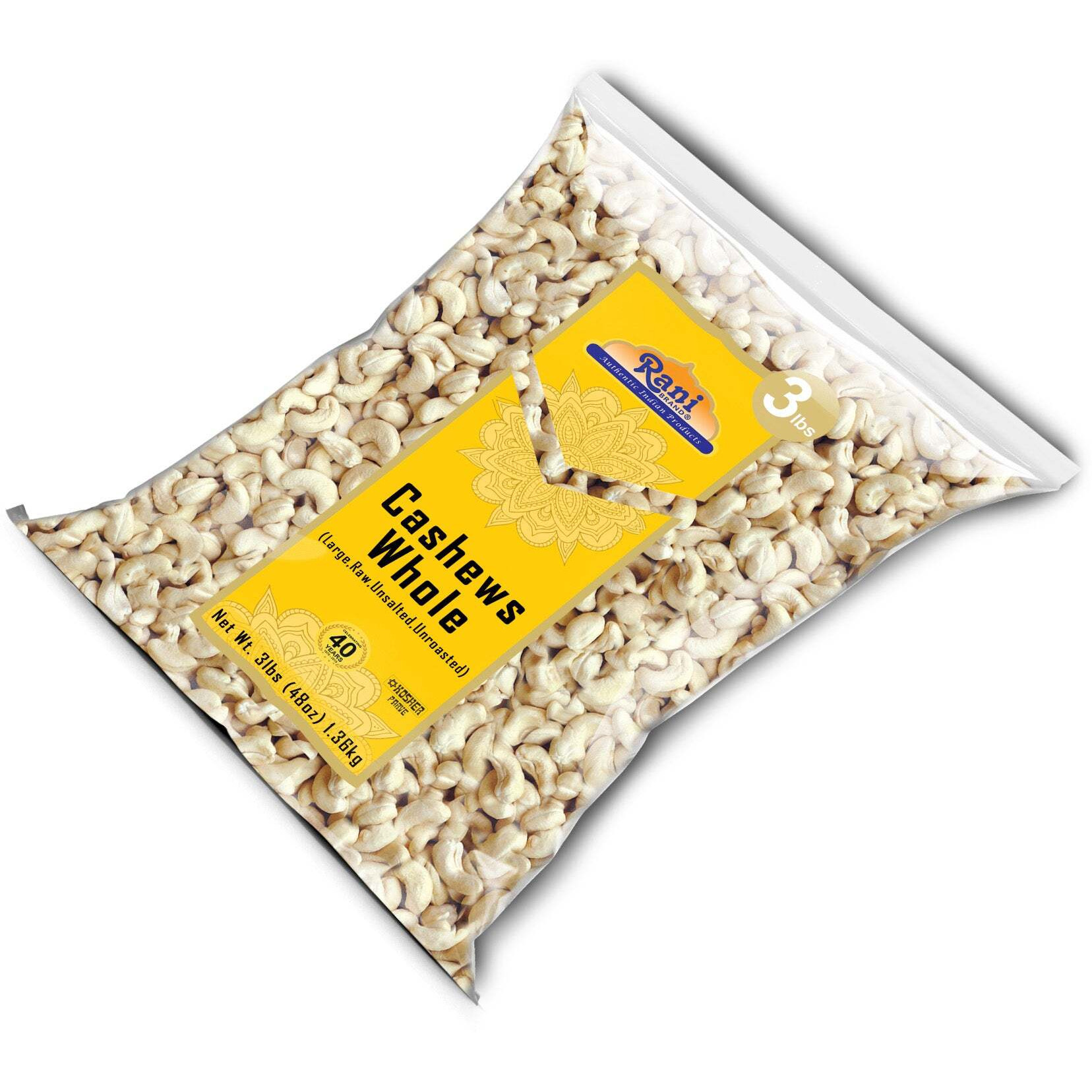 Rani Raw Cashews Whole (uncooked, unsalted) 48oz (3lbs) 1.36kg Bulk ~ All Natural, No Preservatives, Vegan, NON-GMO, Kosher, Gluten Friendly