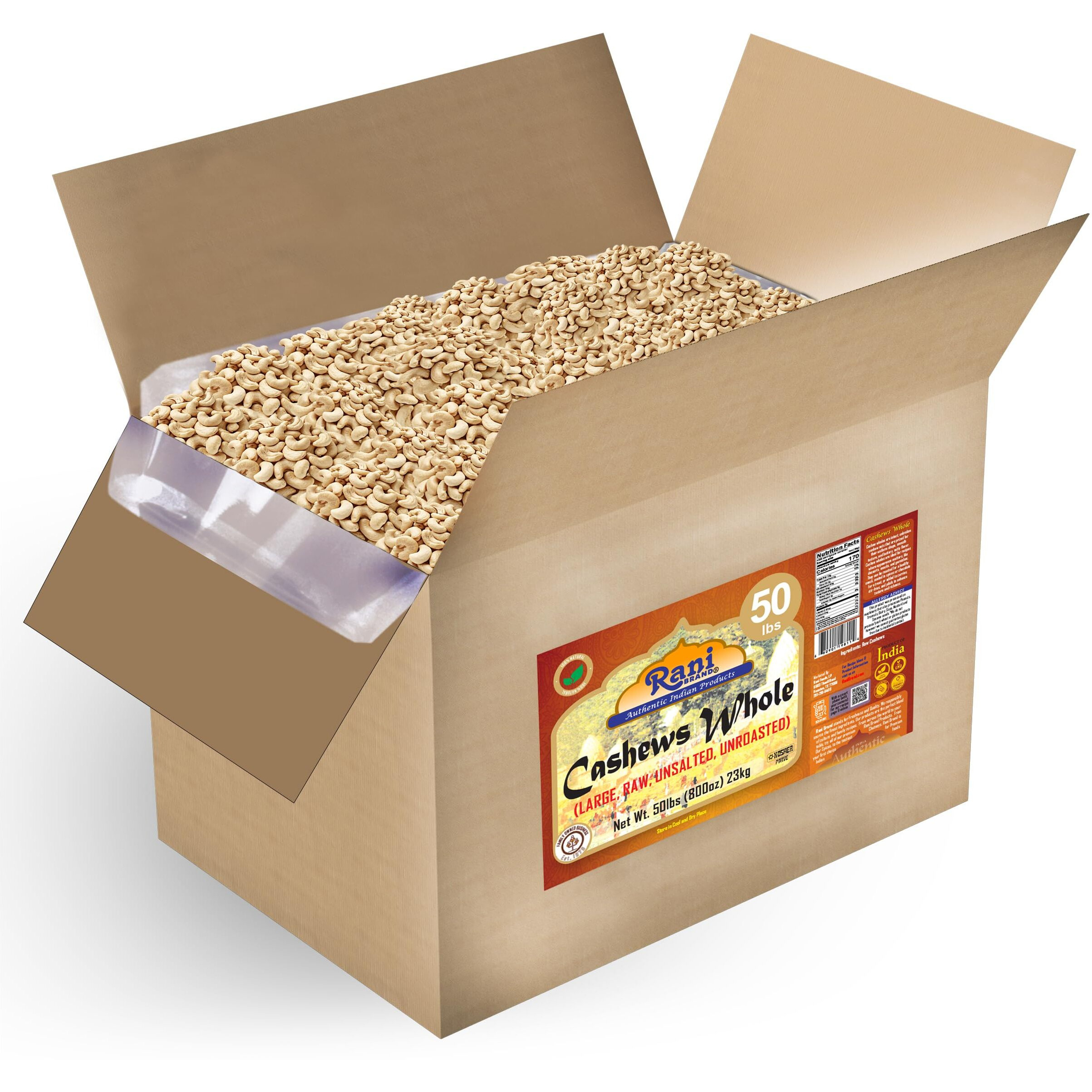 Rani Raw Cashews Whole (uncooked, unsalted) 800oz (50lbs) 23kg Vacuum Packed, Bulk Box ~ All Natural, No Preservatives, Vegan, NON-GMO, Kosher, Gluten Friendly
