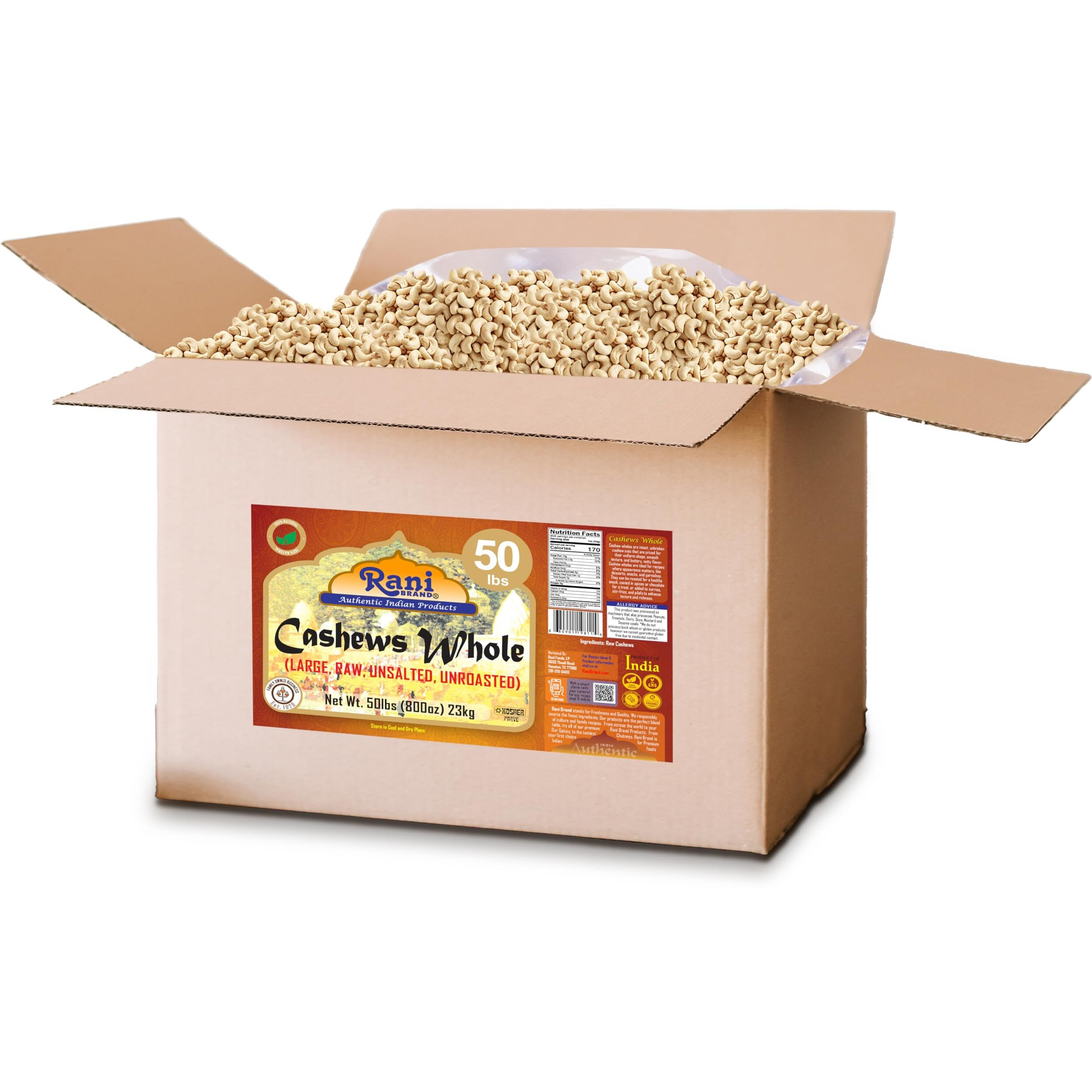 Rani Raw Cashews Whole (uncooked, unsalted) 800oz (50lbs) 23kg Vacuum Packed, Bulk Box ~ All Natural, No Preservatives, Vegan, NON-GMO, Kosher, Gluten Friendly